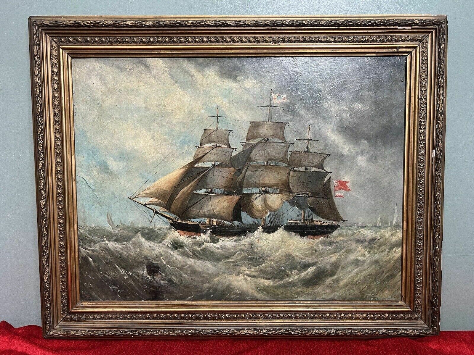 19th Century Maritime Painting Of British Full Rigged Sailing Ship On Rough Seas photo Art