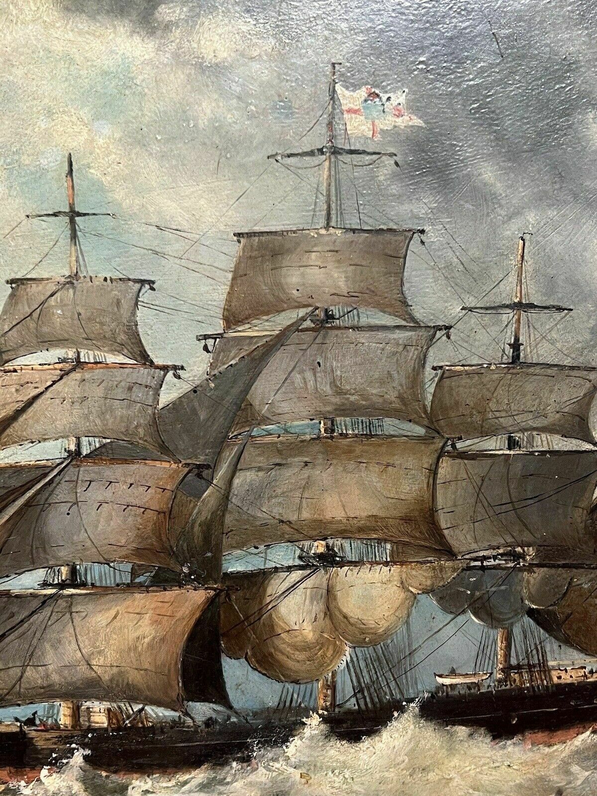695.0 19th Century Maritime Painting Of British Full Rigged Sailing Ship On Rough Seas photo