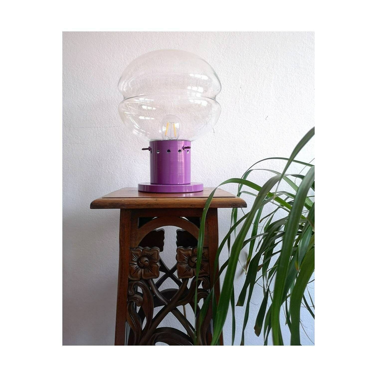 1970s Accent Lamp With A Large Clear Glass Shade // Vintage Purple Table Lamp // Repainted Vintage Lamp // Made In Yugoslavia photo 180.0