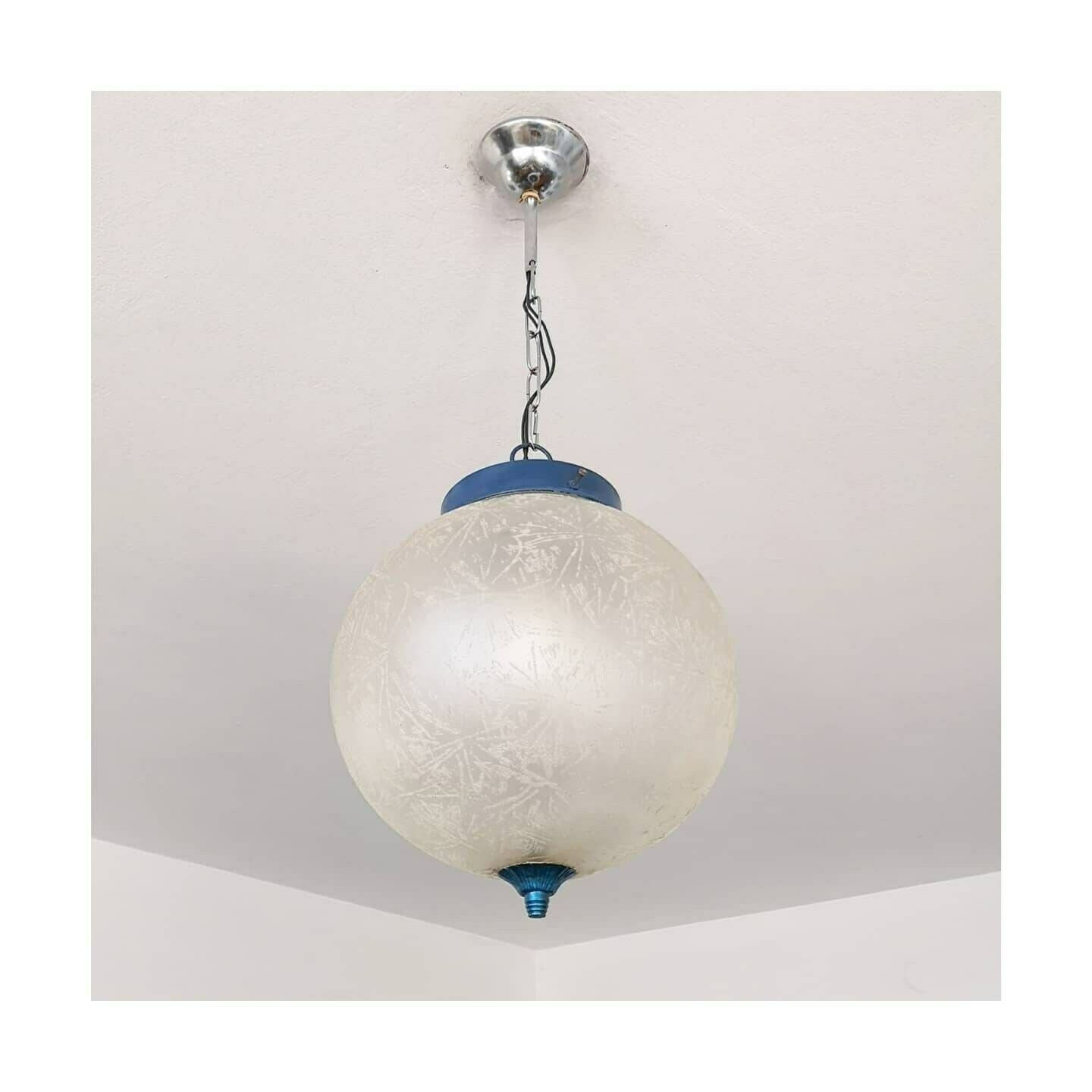 1970s Frosted Glass Light Pendant // Vintage Ice Glass Hanging Lamp // Mid Century Hanging Lamp, Made In Yugoslavia
