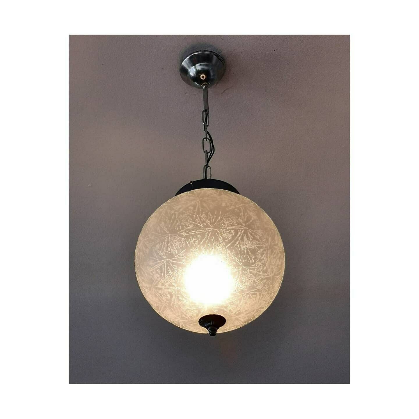 1970s Frosted Glass Light Pendant // Vintage Ice Glass Hanging Lamp // Mid Century Hanging Lamp, Made In Yugoslavia photo furniture
