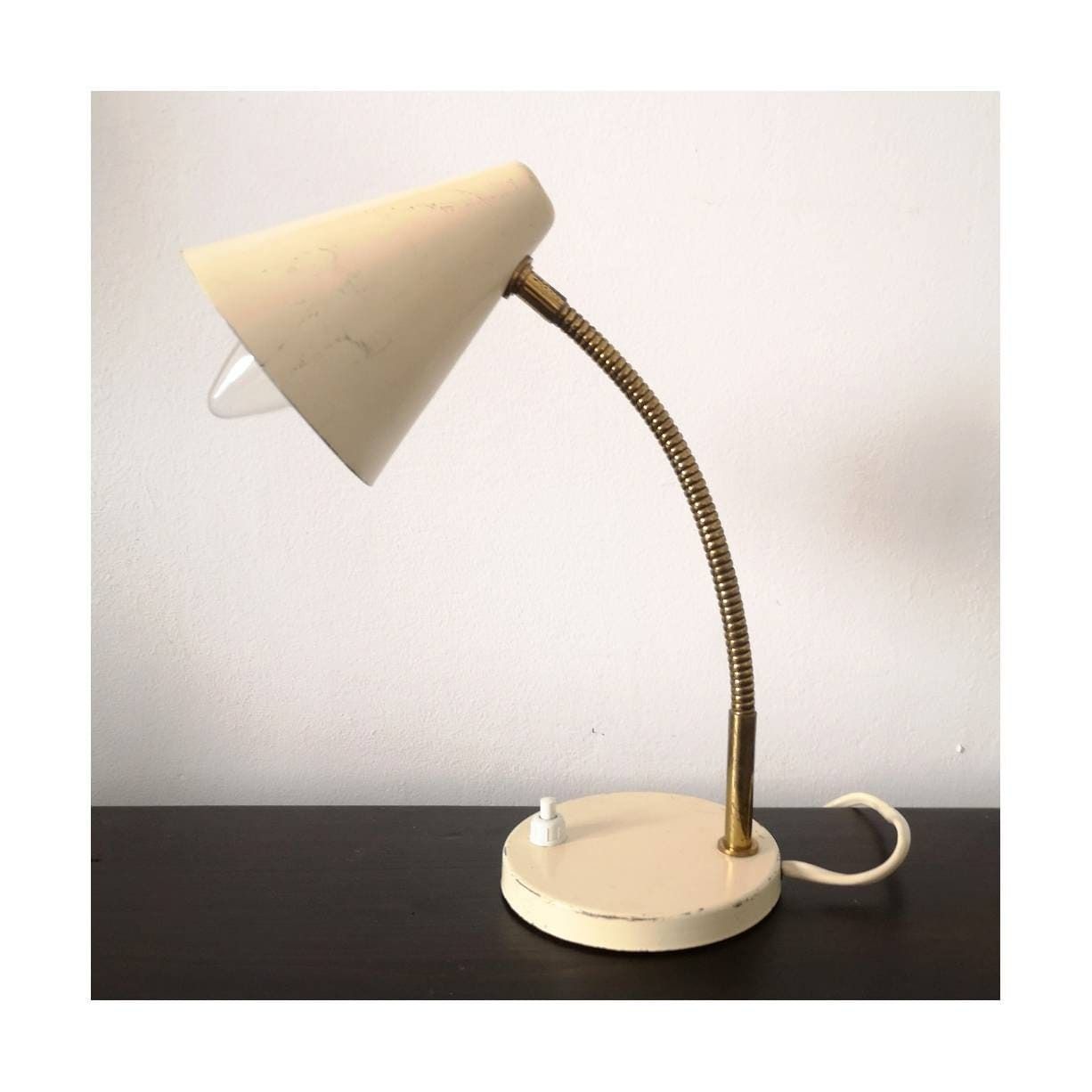 1960s Small Trumpet Gooseneck Desk Lamp // Vintage Offuce Lamp With Adjustable Brass Gooseneck // Made In Yugoslavia photo furniture