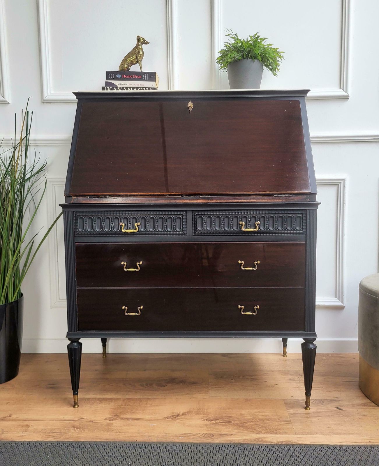 1960s Italian Art Deco Midcentury Walnut Marble Slant Front Desk Table Secretary photo for sale