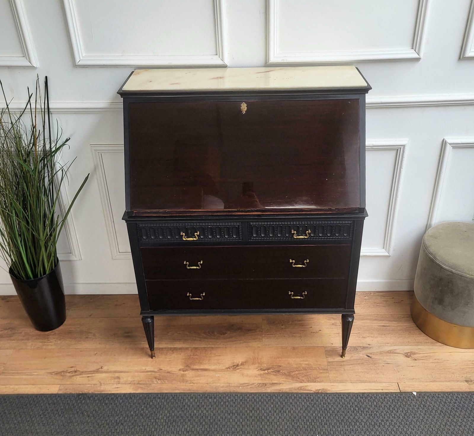 1960s Italian Art Deco Midcentury Walnut Marble Slant Front Desk Table Secretary photo vintage