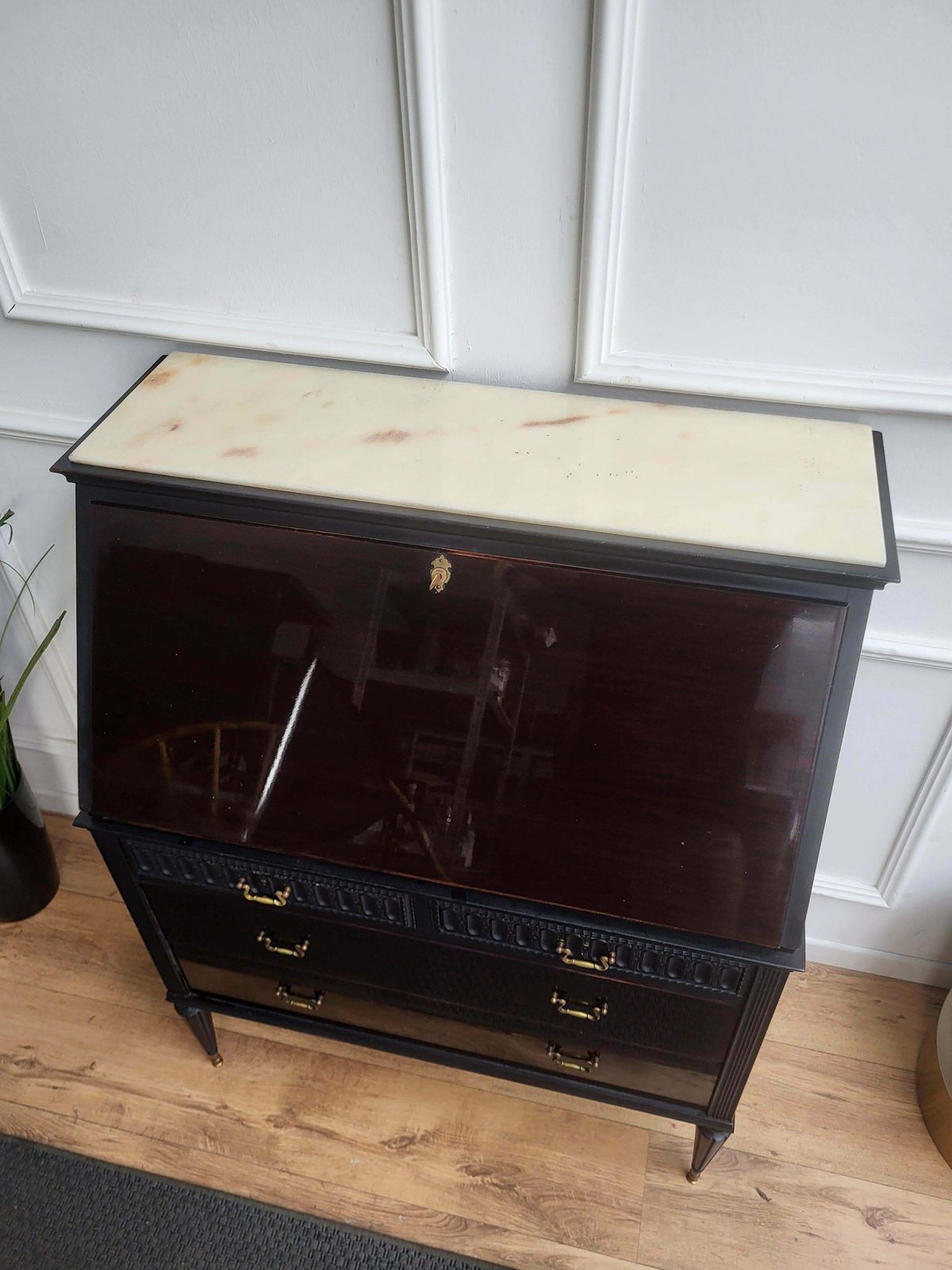 photo furniture 1960s Italian Art Deco Midcentury Walnut Marble Slant Front Desk Table Secretary
