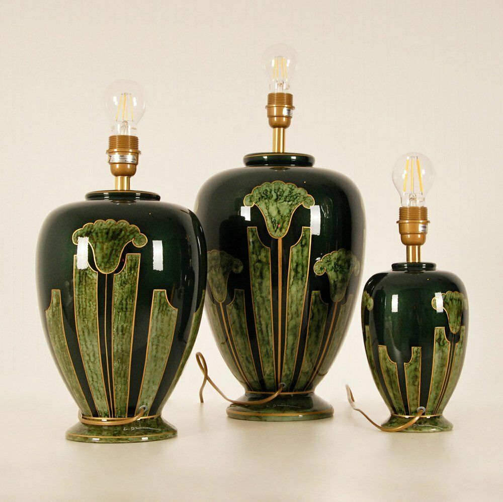 Vintage French Gold & Green Ceramic Marble Vase Lamp In Porcelain, 1970s, Set Of 3 photo furniture