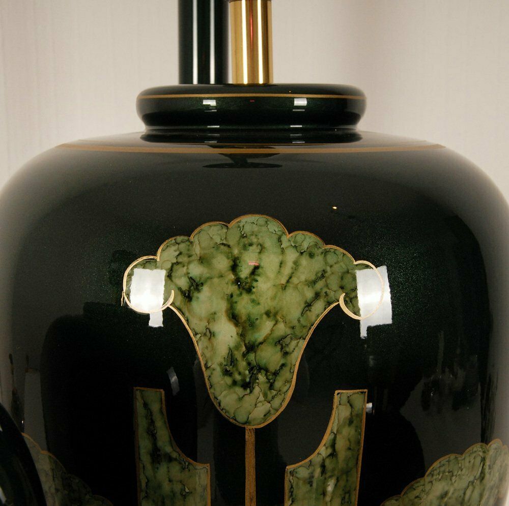 Vintage French Gold & Green Ceramic Marble Vase Lamp In Porcelain, 1970s, Set Of 3 photo for sale
