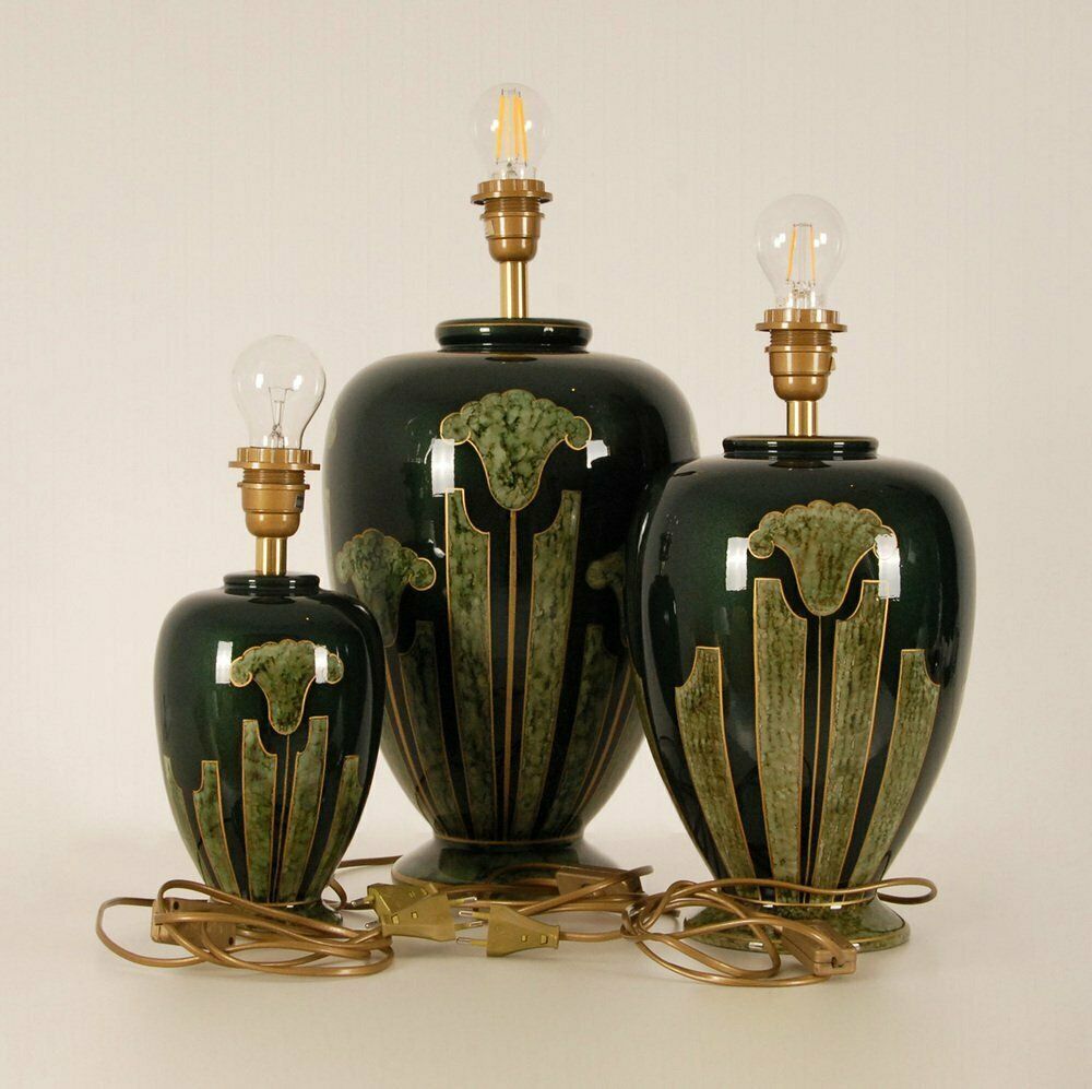photo vinterior Vintage French Gold & Green Ceramic Marble Vase Lamp In Porcelain, 1970s, Set Of 3