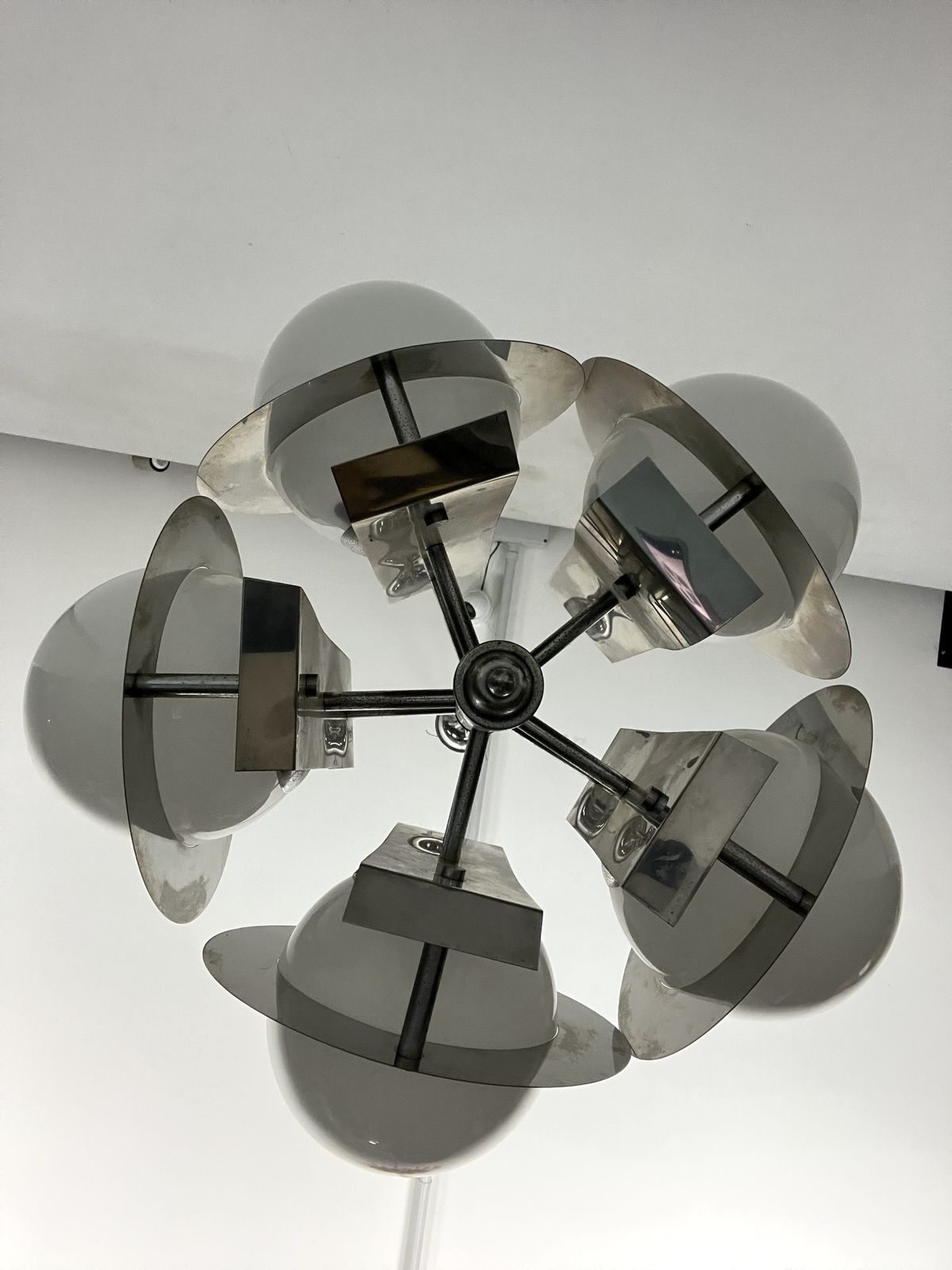 Space Age Five Lights Chandelier In Chrome And White Glass. Italy 1970s photo Lighting