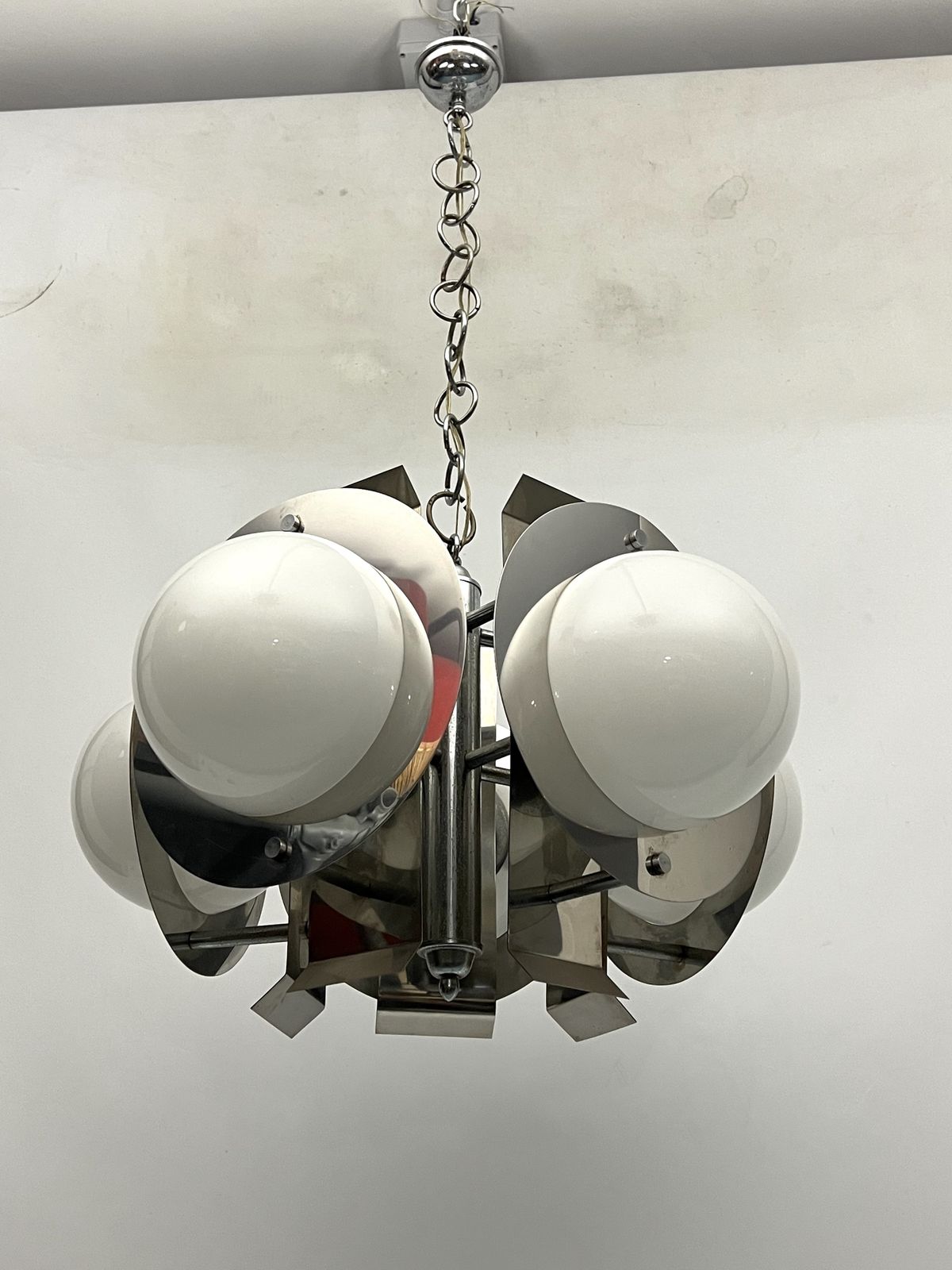 Space Age Five Lights Chandelier In Chrome And White Glass. Italy 1970s photo 921.05