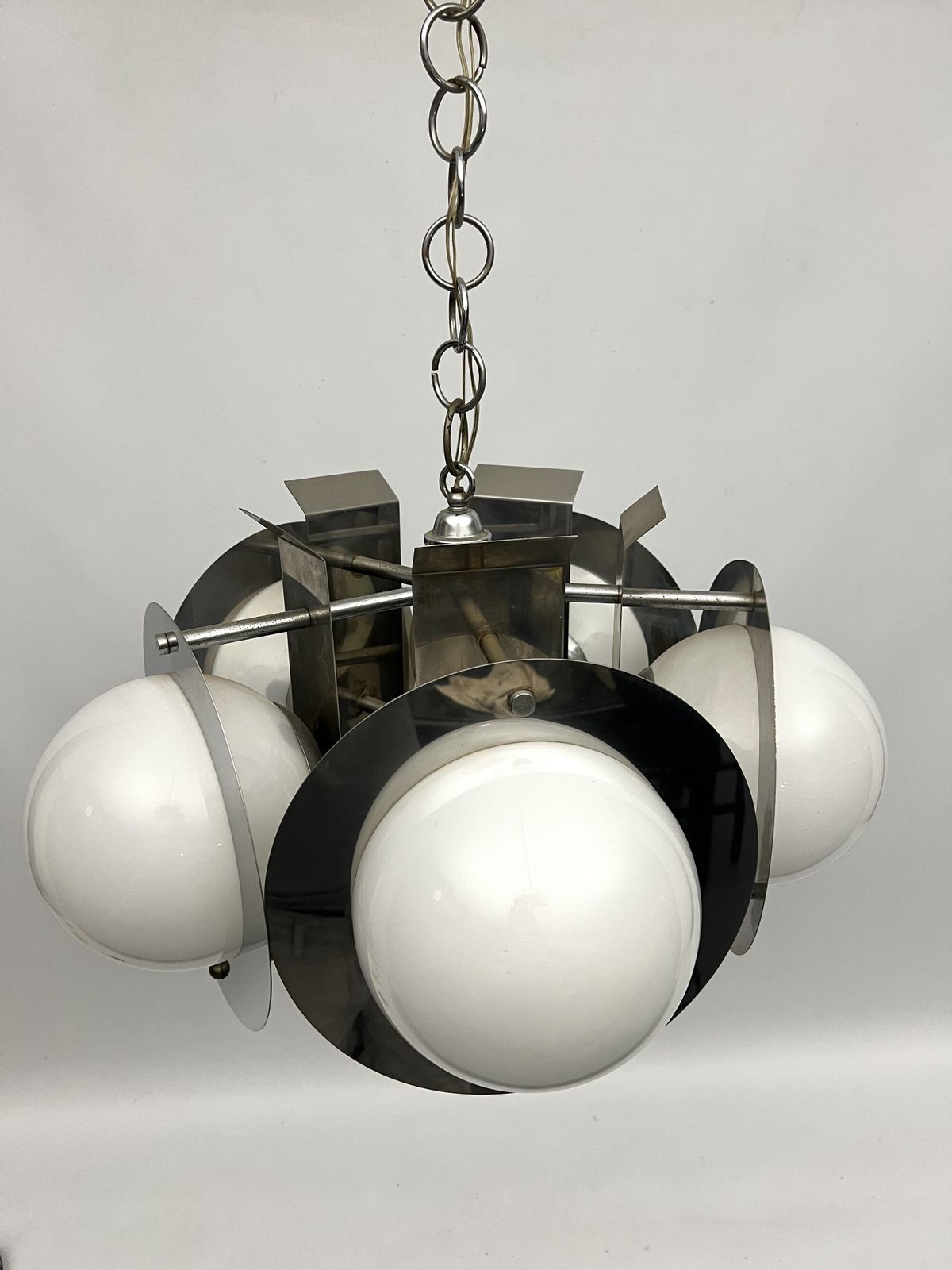 Space Age Five Lights Chandelier In Chrome And White Glass. Italy 1970s photo vinterior