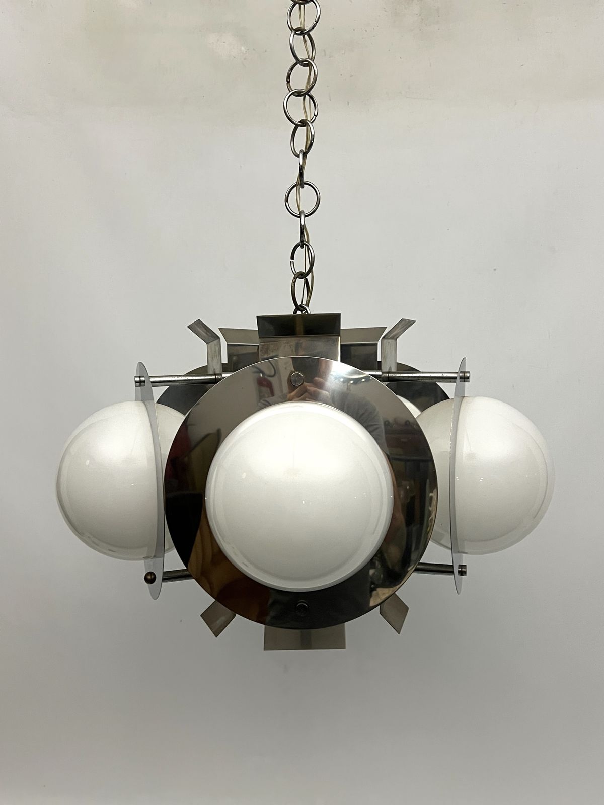 Space Age Five Lights Chandelier In Chrome And White Glass. Italy 1970s photo buy