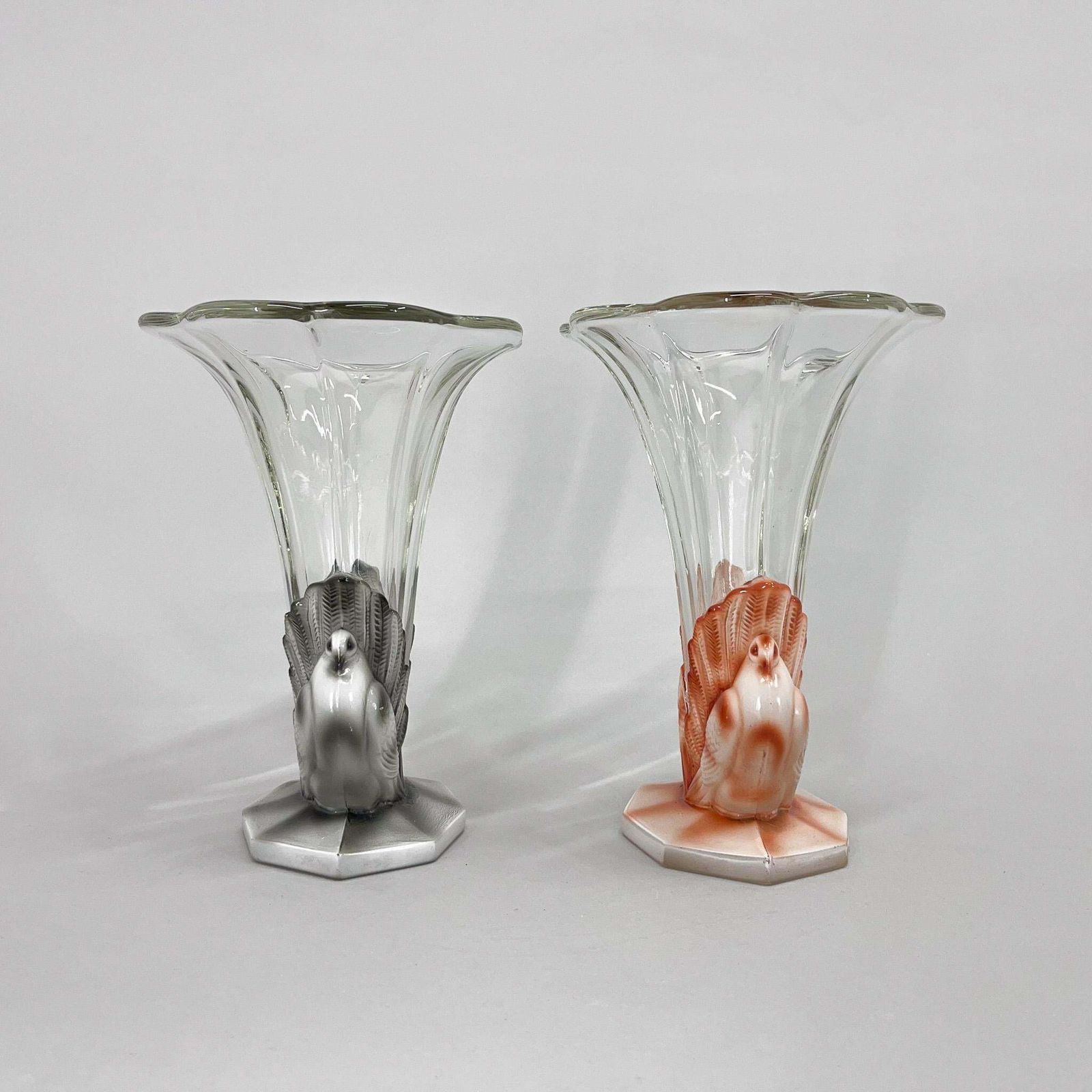 Set Of Two Art Deco Dove Birds Glass Vases By Josef Feigl, 1930s photo Home Decor