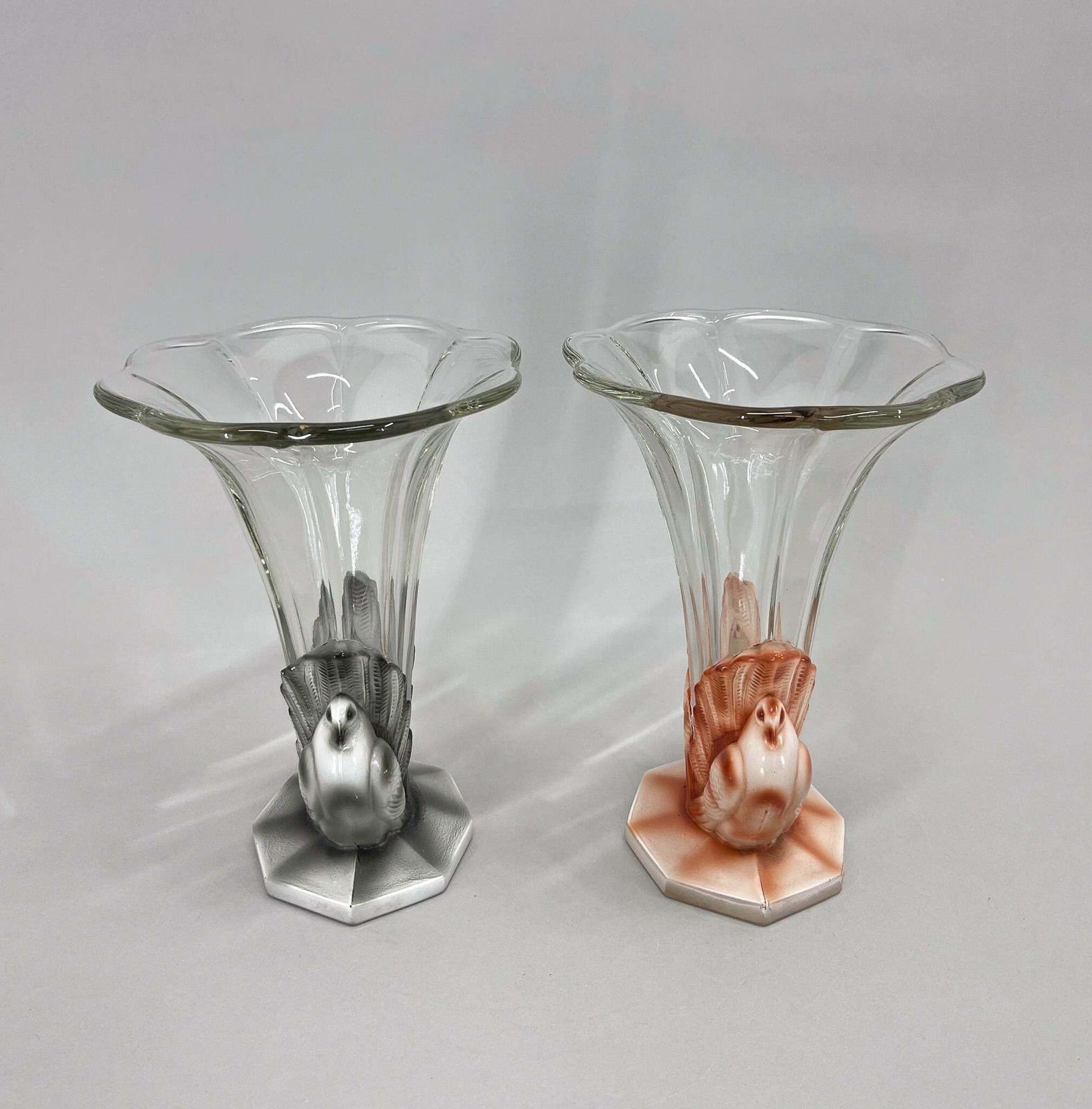 Set Of Two Art Deco Dove Birds Glass Vases By Josef Feigl, 1930s photo 425.0