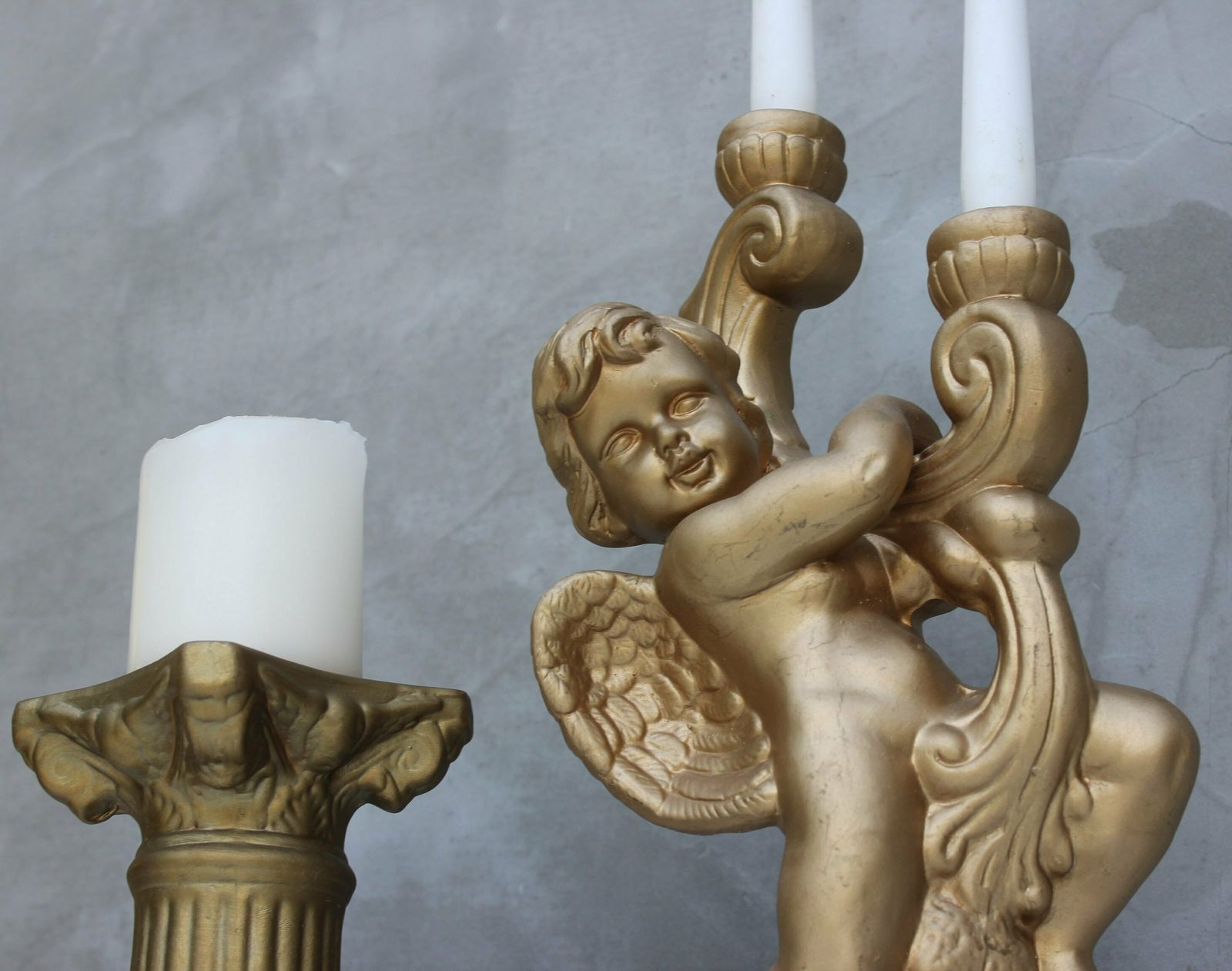Golden French Cherub Candlestick Baroque Fireplace Accent, A Stunning Gypsum Cherub Christmas Decoration photo vintage