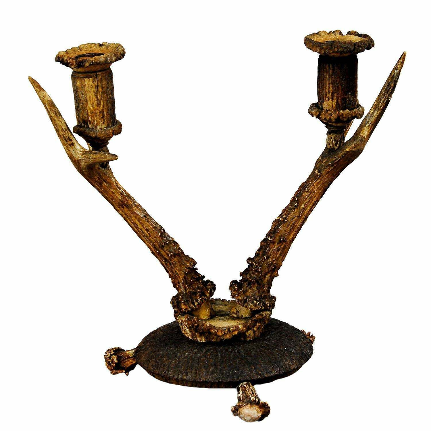 Antique Cabin Decor Two Armed Antler Candlestick 1900