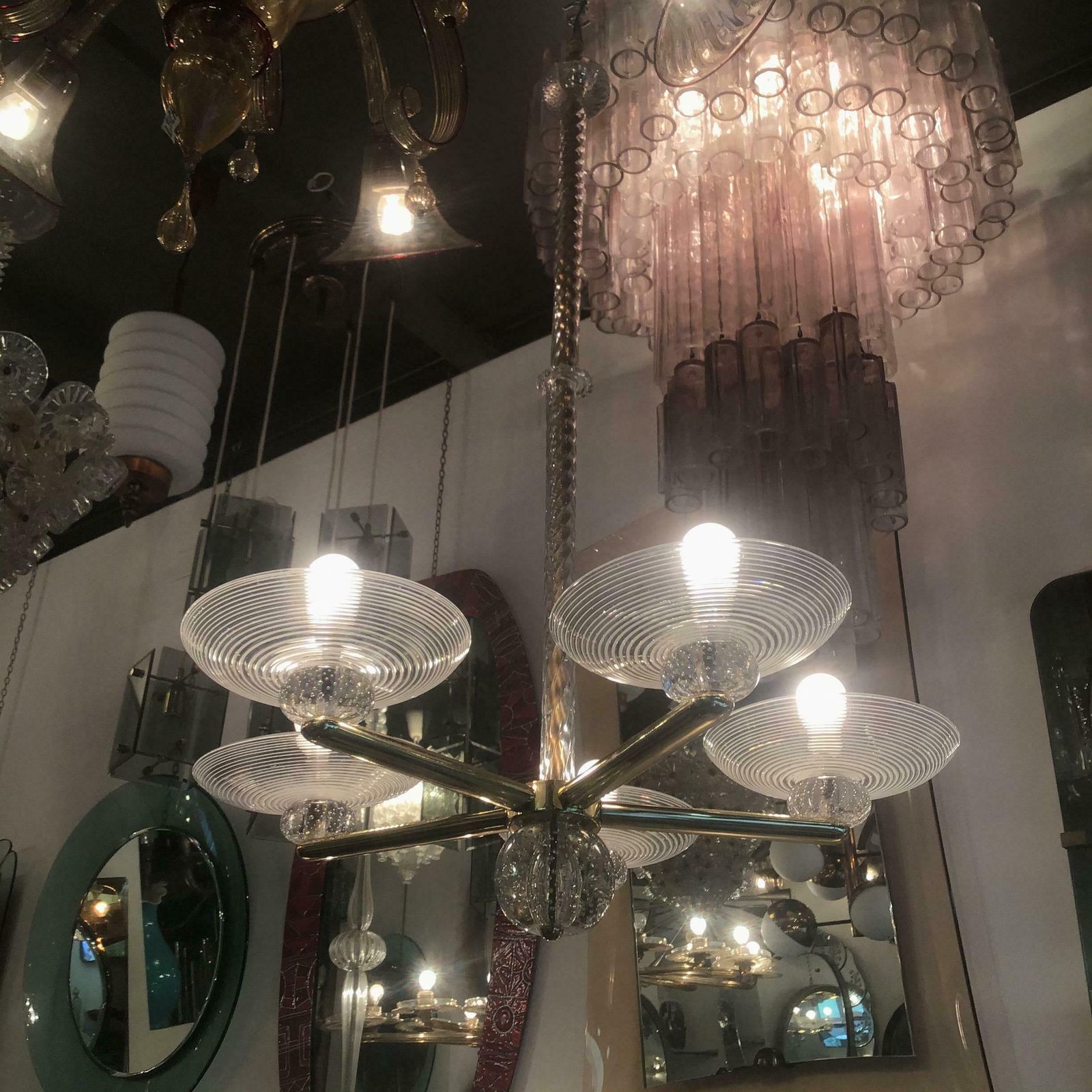 photo vintage Seguso Chandelier Brass Murano Glass 1950 Italy