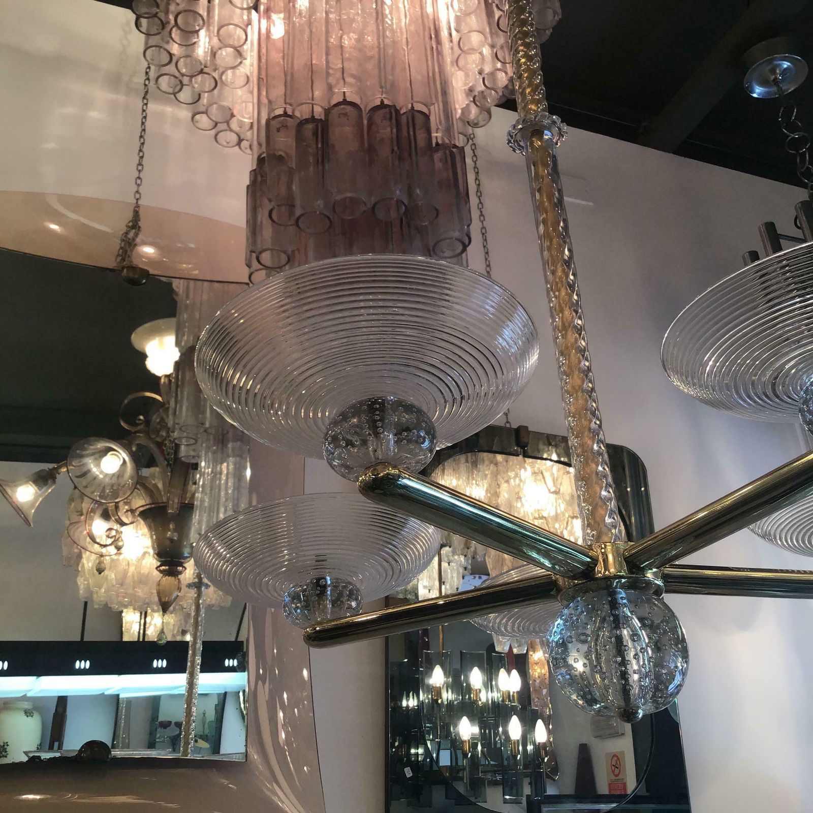 photo vintage Seguso Chandelier Brass Murano Glass 1950 Italy