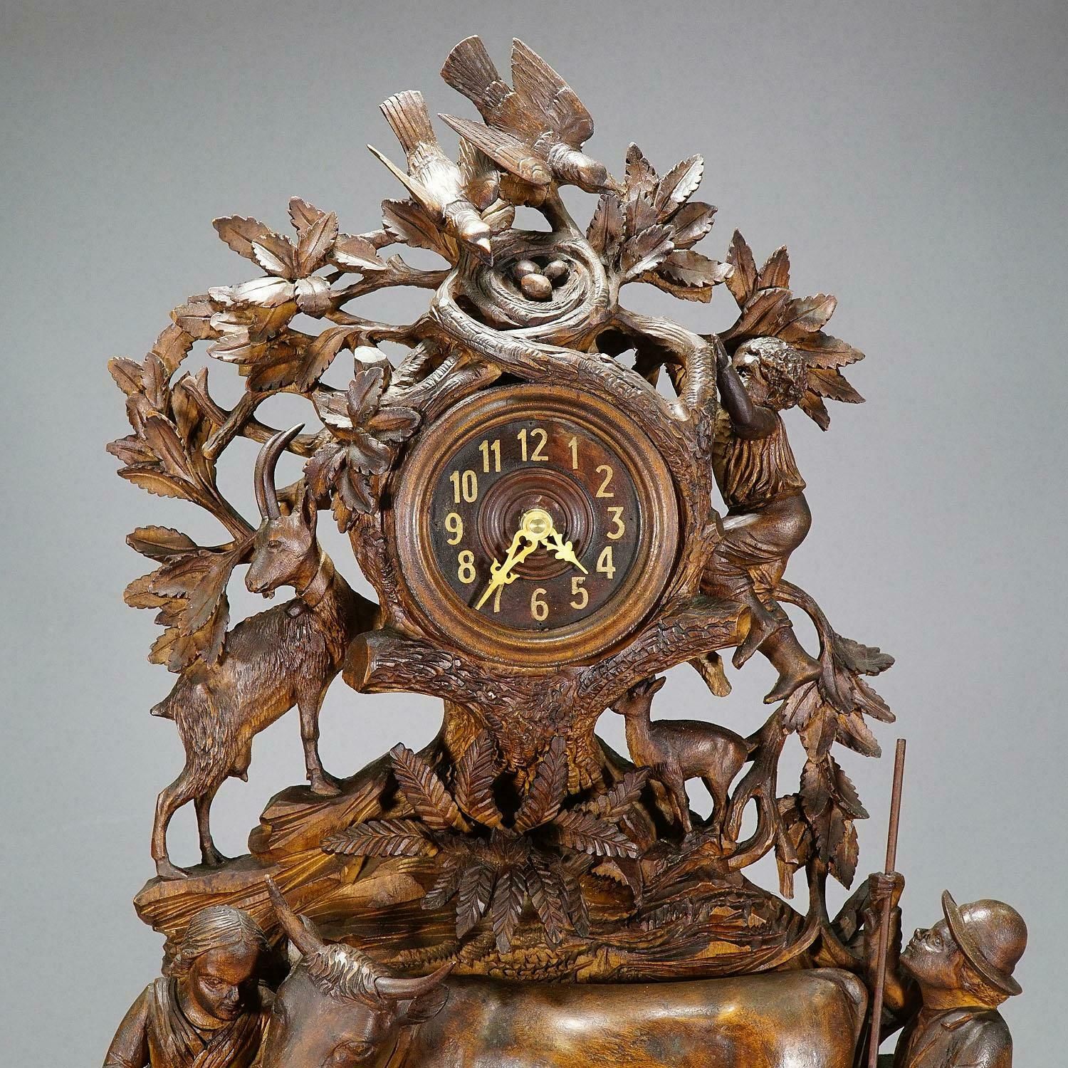 Antique Mantel Clock With Herdsman Family, Goats And Cattle photo for sale