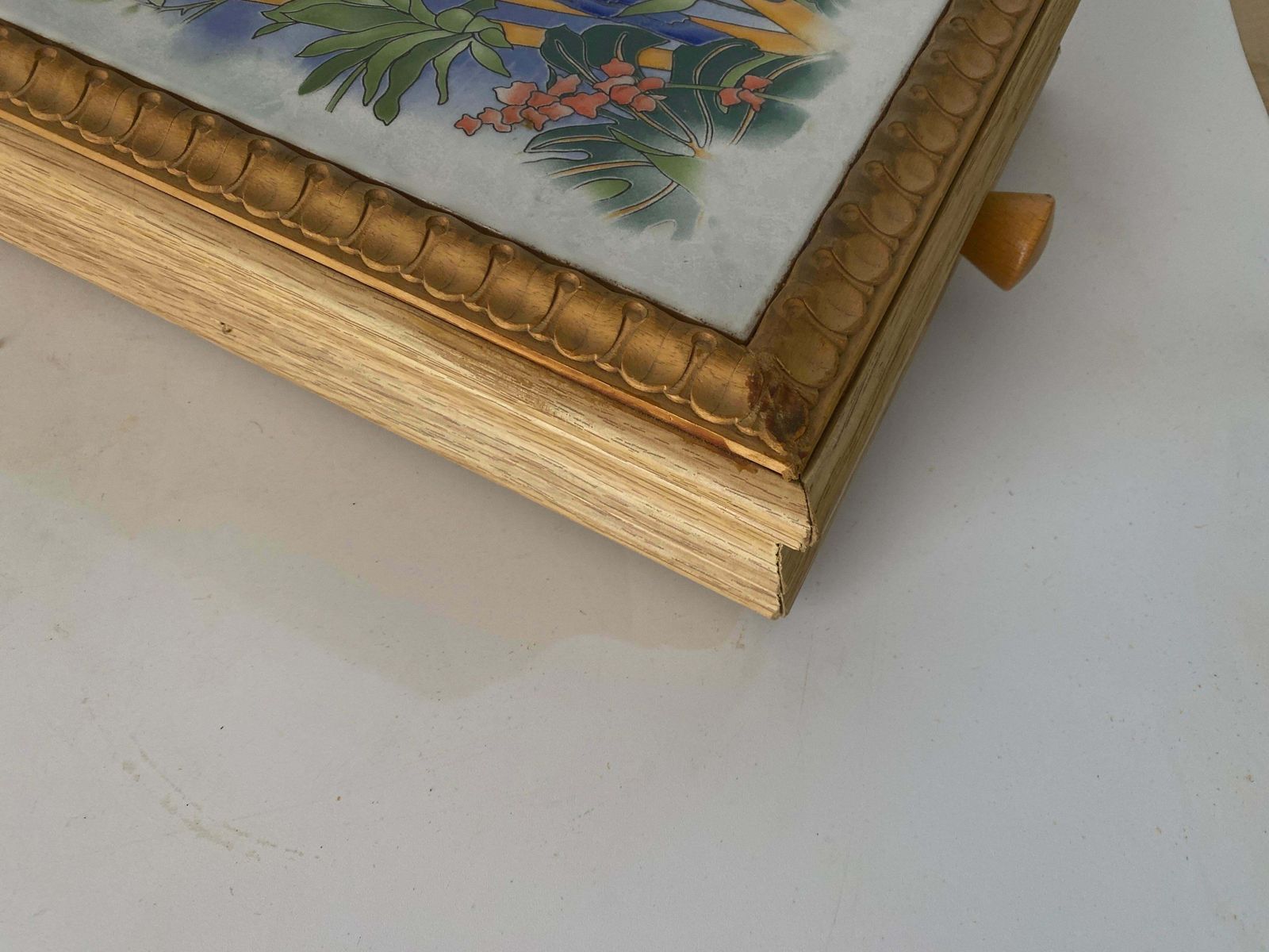 Ceramic Center Table Or Trivet With A Wood Box Made In France, Circa 1970 photo vintage