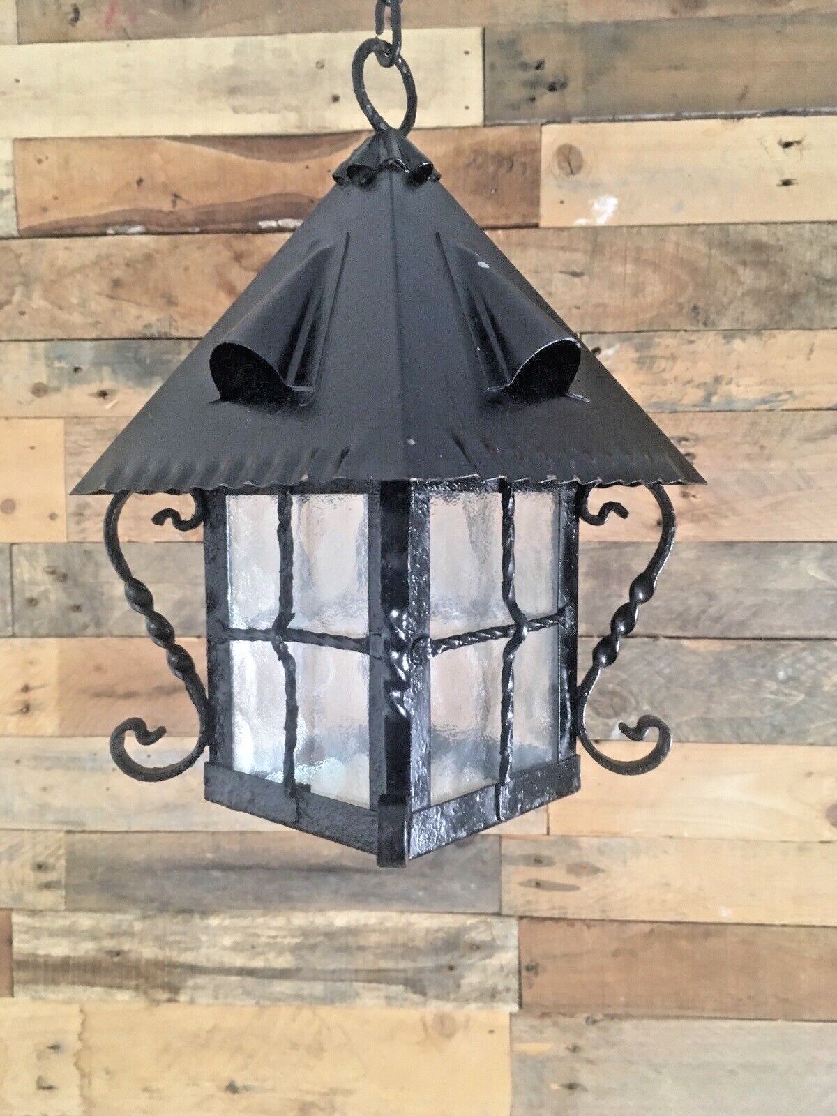 Antique Arts & Crafts Wrought Iron Glass Lantern Porch Lamp Light Art Nouveau