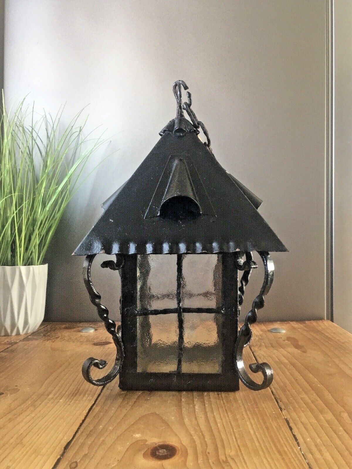 photo for sale Antique Arts & Crafts Wrought Iron Glass Lantern Porch Lamp Light Art Nouveau