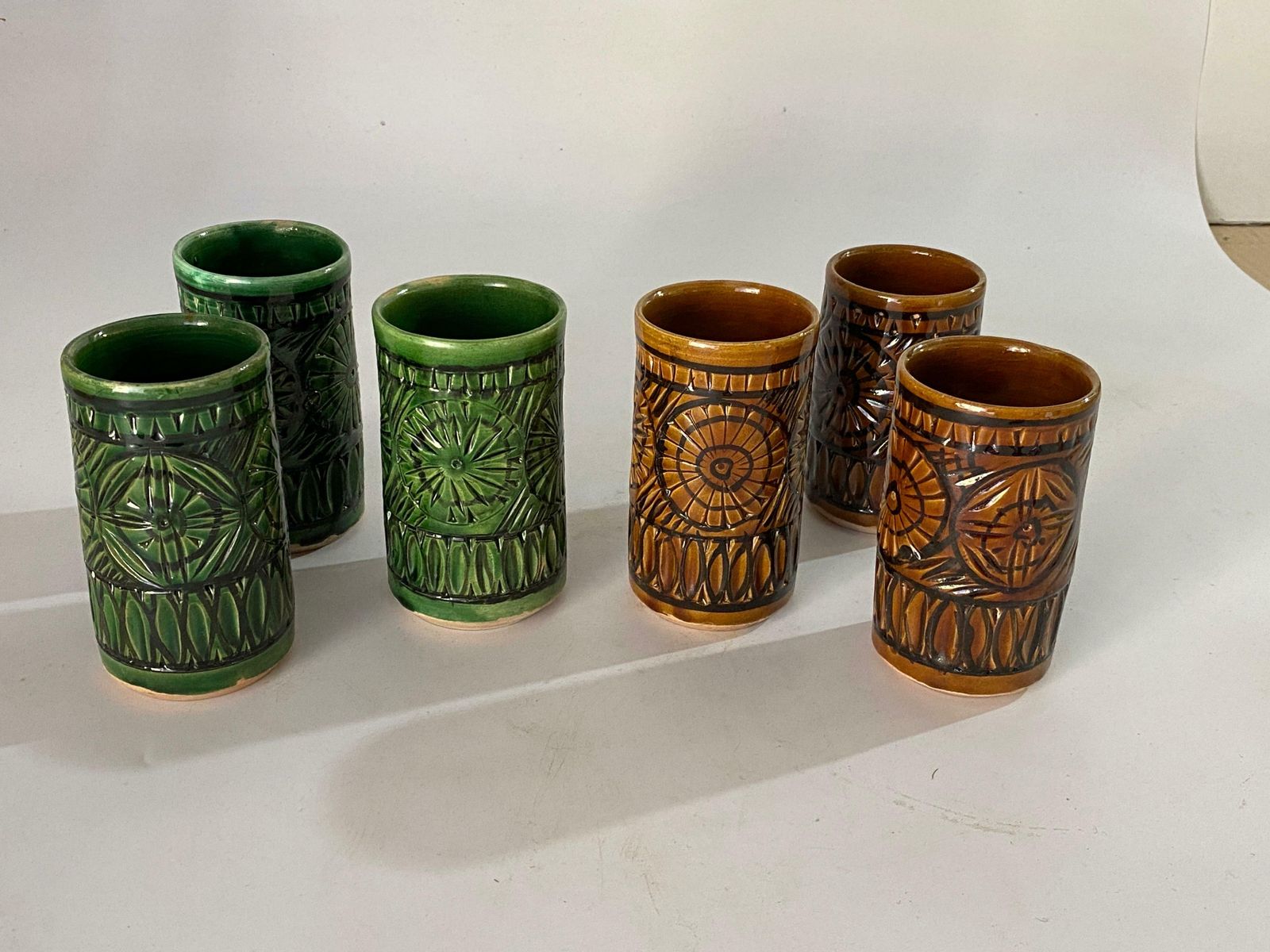 photo furniture Set Of Six Glasses In Ceramic Brown And Green Color France 1970