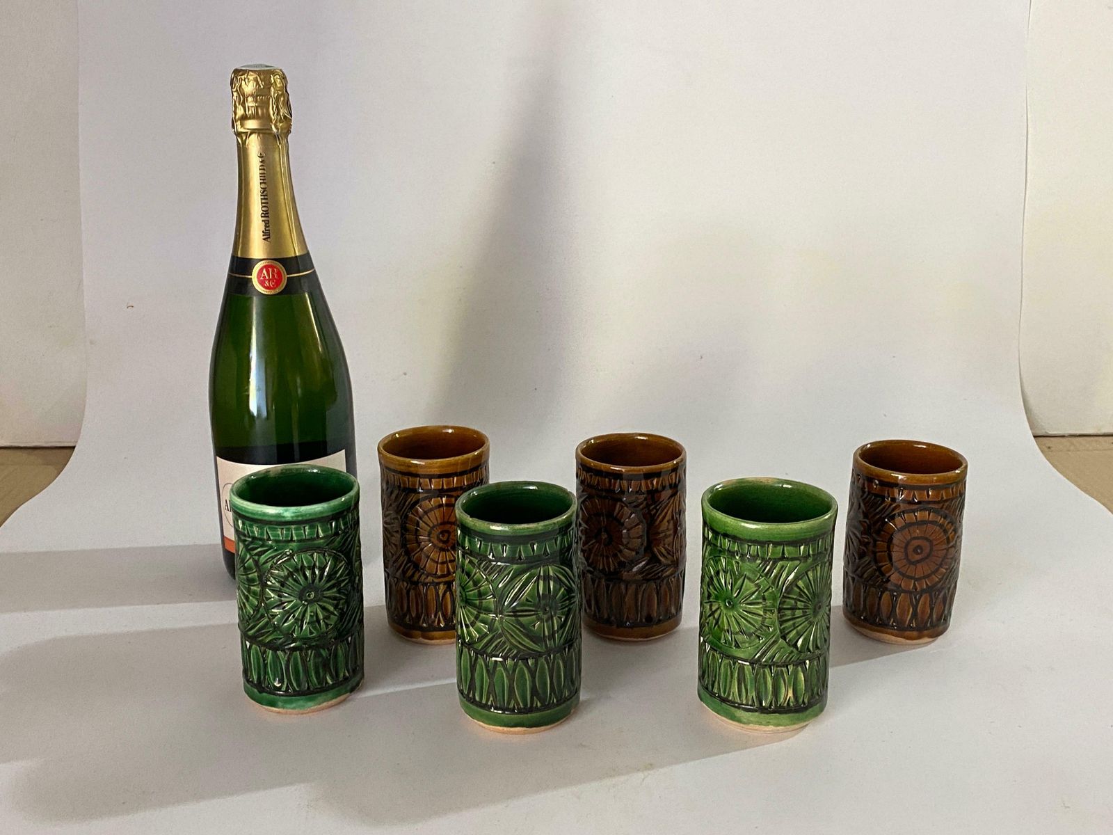 photo for sale Set Of Six Glasses In Ceramic Brown And Green Color France 1970