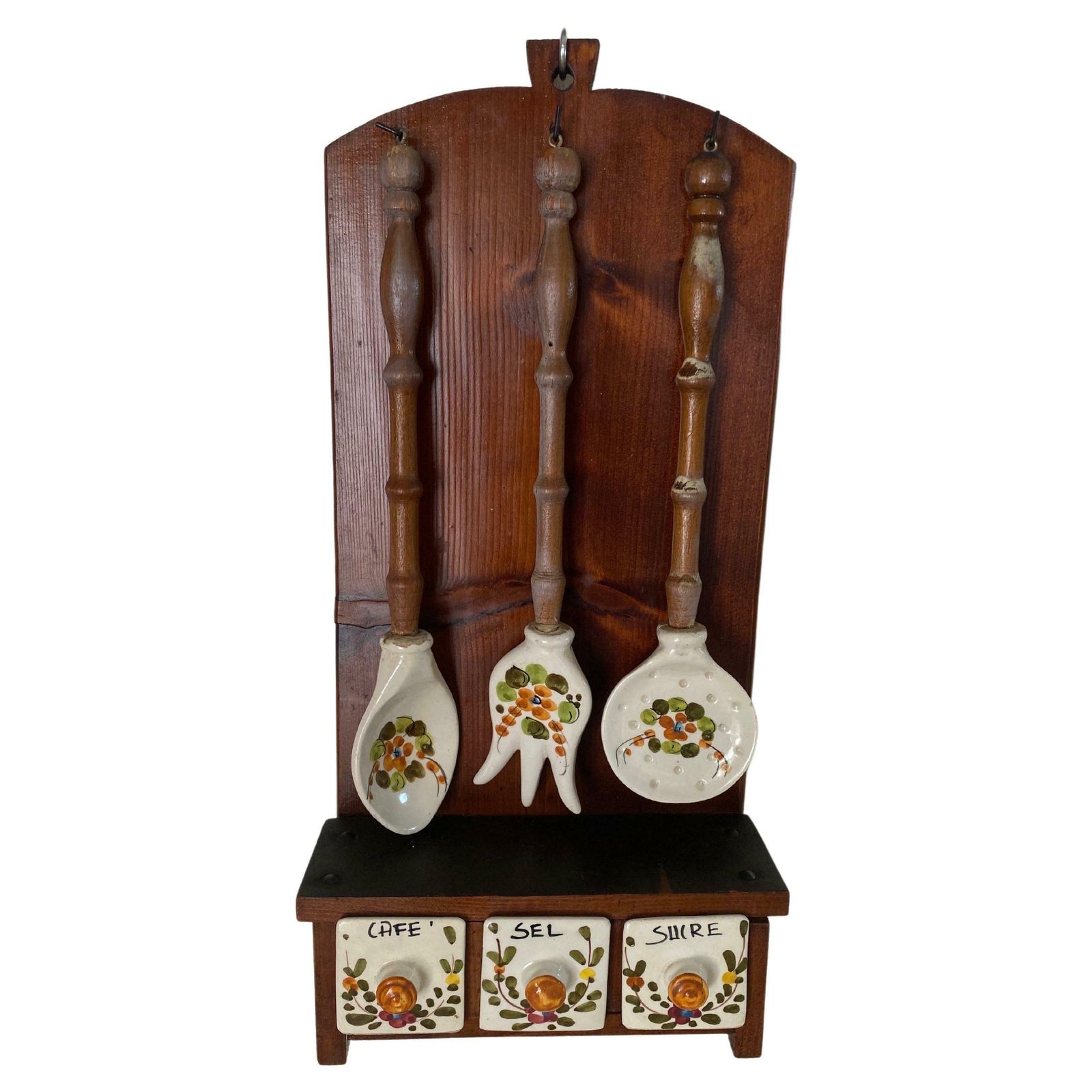 Salt Sugar And Coffee Boxes Kitchen Wall Set In Ceramic And Wood France 1960