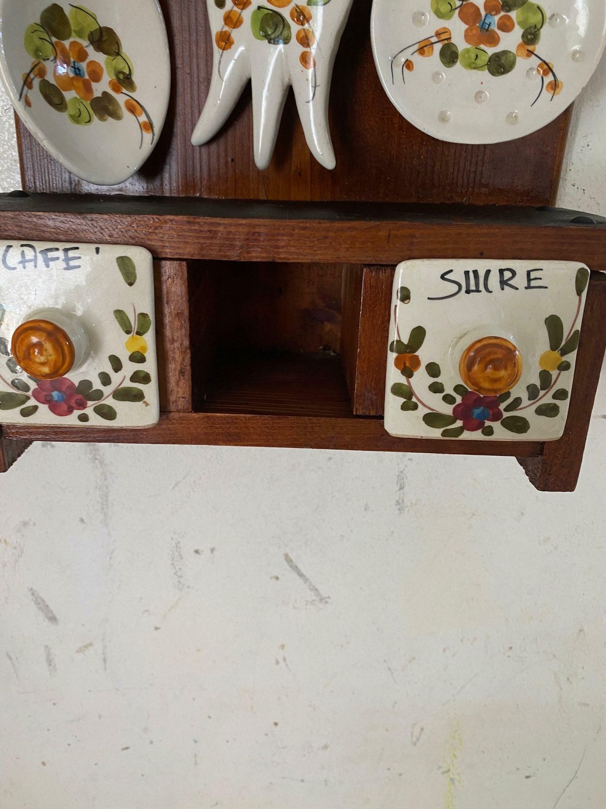 Salt Sugar And Coffee Boxes Kitchen Wall Set In Ceramic And Wood France 1960 photo vintage