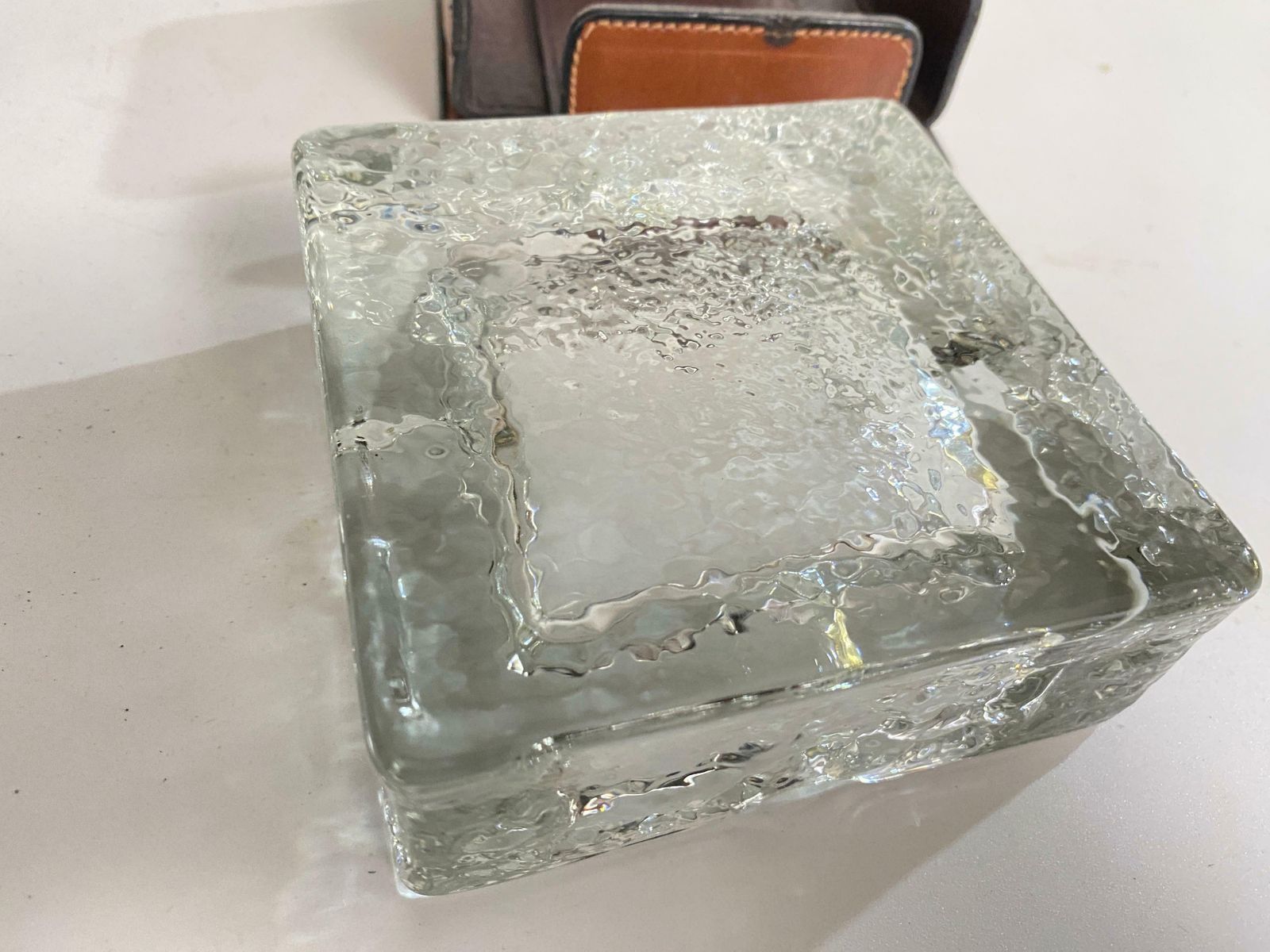 Ashtray In Glass With A Stitched Leather Cover, Brown Color, France 1970 photo furniture