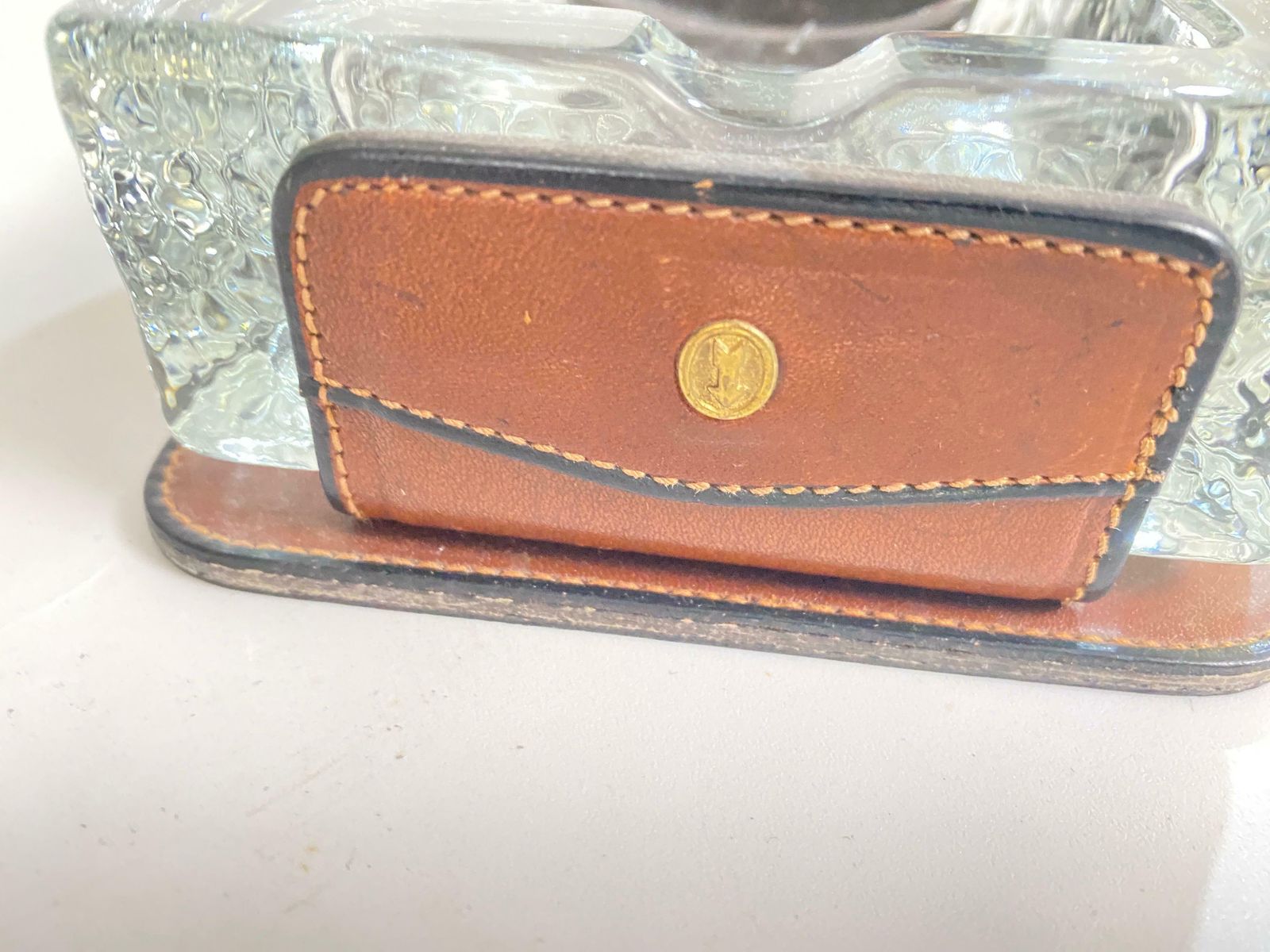 Ashtray In Glass With A Stitched Leather Cover, Brown Color, France 1970 photo Home Decor