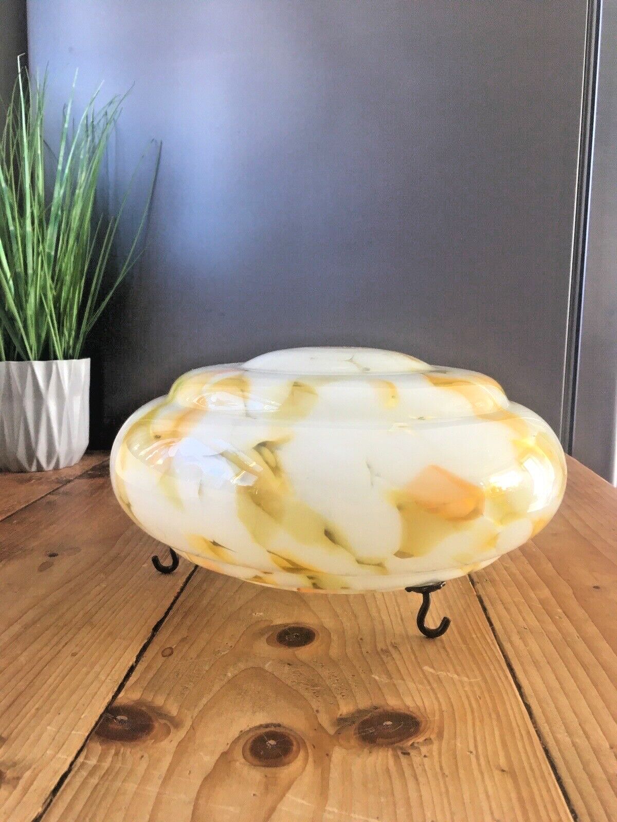 Art Deco 30's Marbled Orange Amber Splatter Glass Ceiling Flycatcher Light Shade photo Lighting