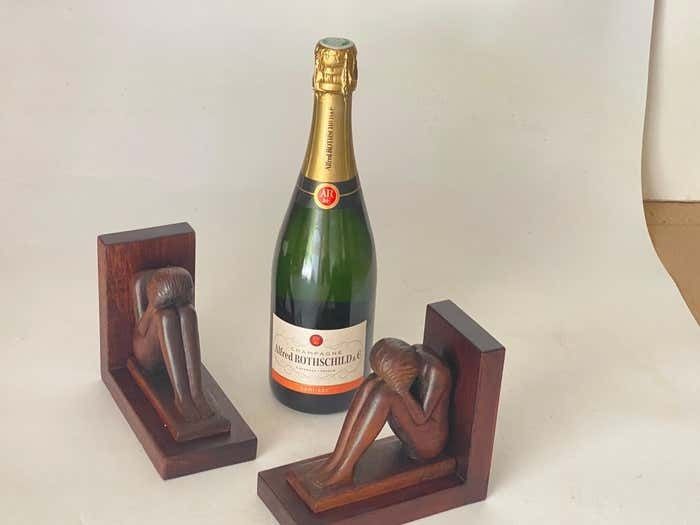 Pair Of Art Deco Birds Book Ends, Wood, Brown France, 1940 photo vinterior