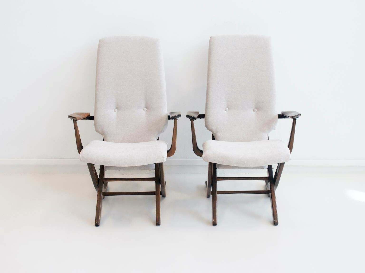 Pair Of Light Fabric Upholstered Recliner Chairs Of Varnished Wood $3,146.33per Set photo furniture