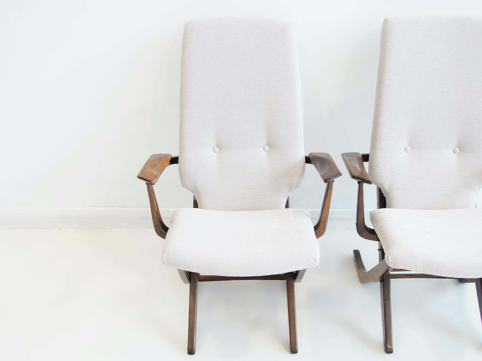 Pair Of Light Fabric Upholstered Recliner Chairs Of Varnished Wood $3,146.33per Set photo Furniture