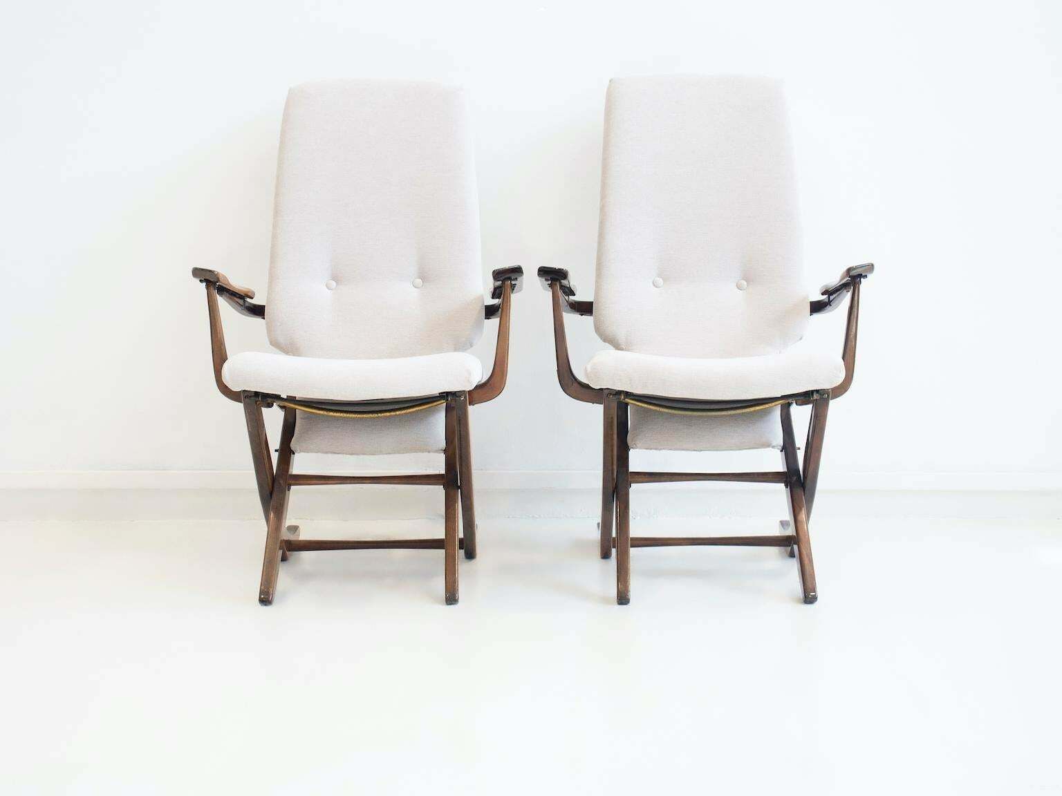 Pair Of Light Fabric Upholstered Recliner Chairs Of Varnished Wood $3,146.33per Set photo 2860.0