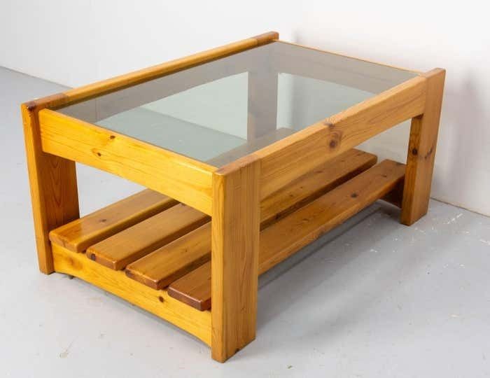 French Vintage Coffee Table, Pine And Smoked Glass, Circa 1980 photo buy