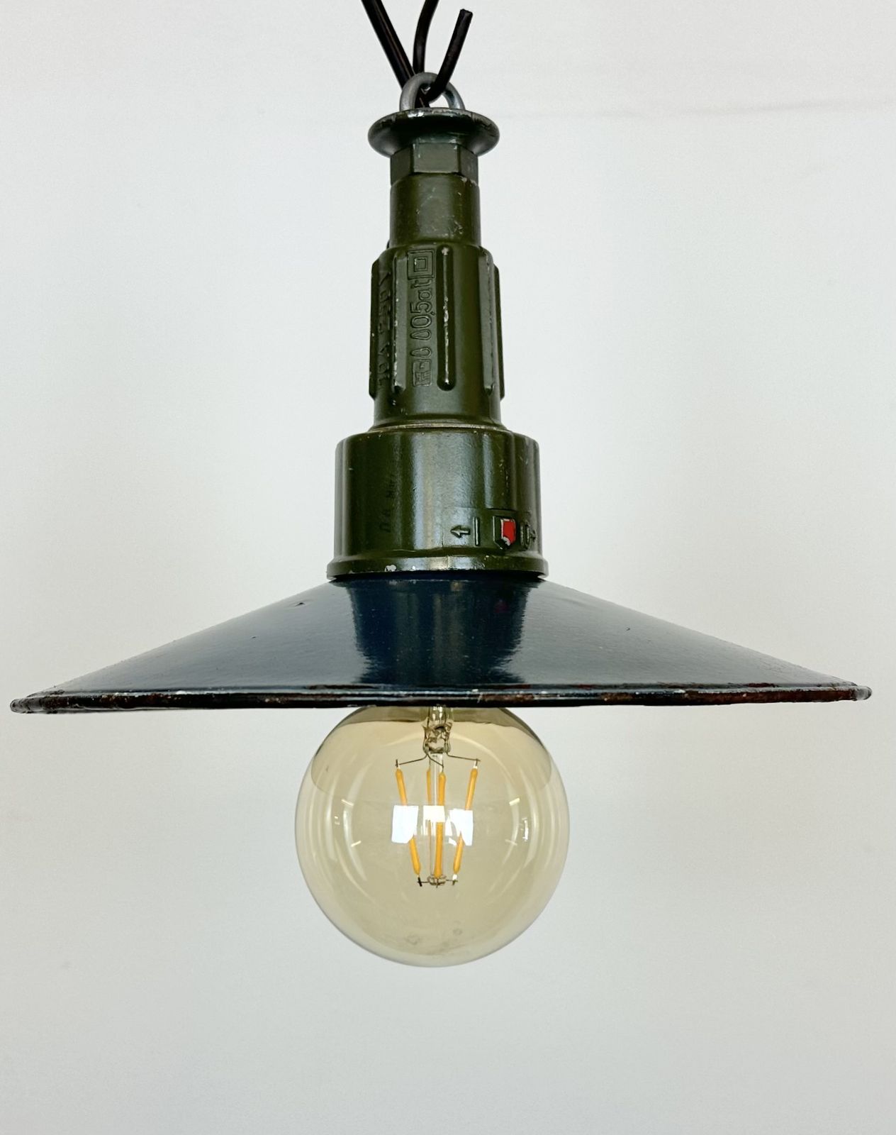 Industrial Blue Enamel Military Pendant Lamp With Cast Aluminium Top, 1960, 7x photo Lighting