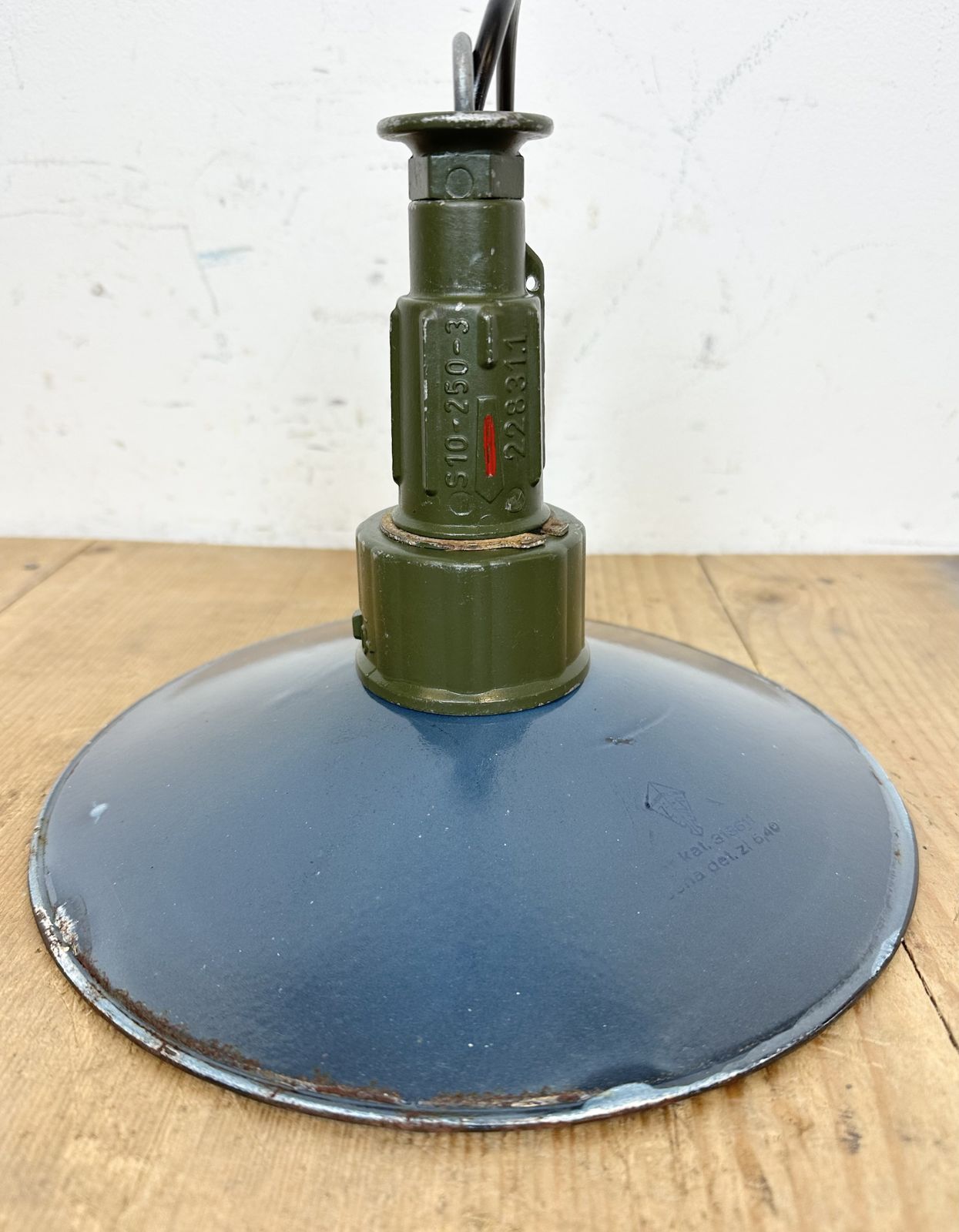 photo for sale Industrial Blue Enamel Military Pendant Lamp With Cast Aluminium Top, 1960, 7x
