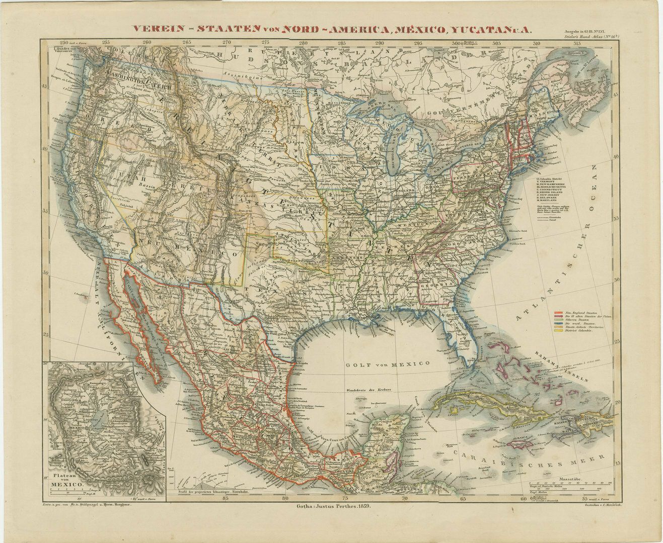 Antique Map Of The United States With Inset Map Of The Region Of Mexico City