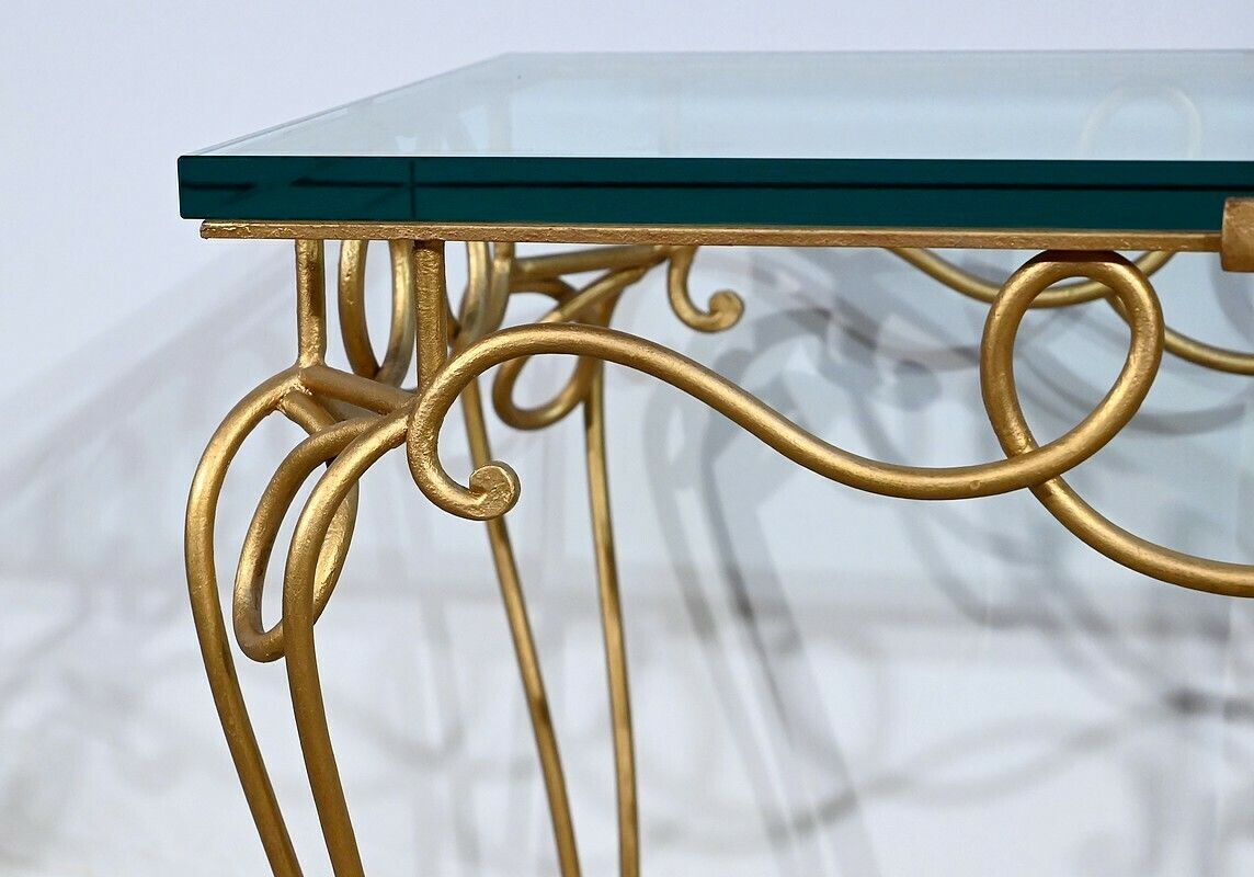 Small Table In Golden Wrought Iron And Glass, Drouet Spirit, 1970 photo vinterior