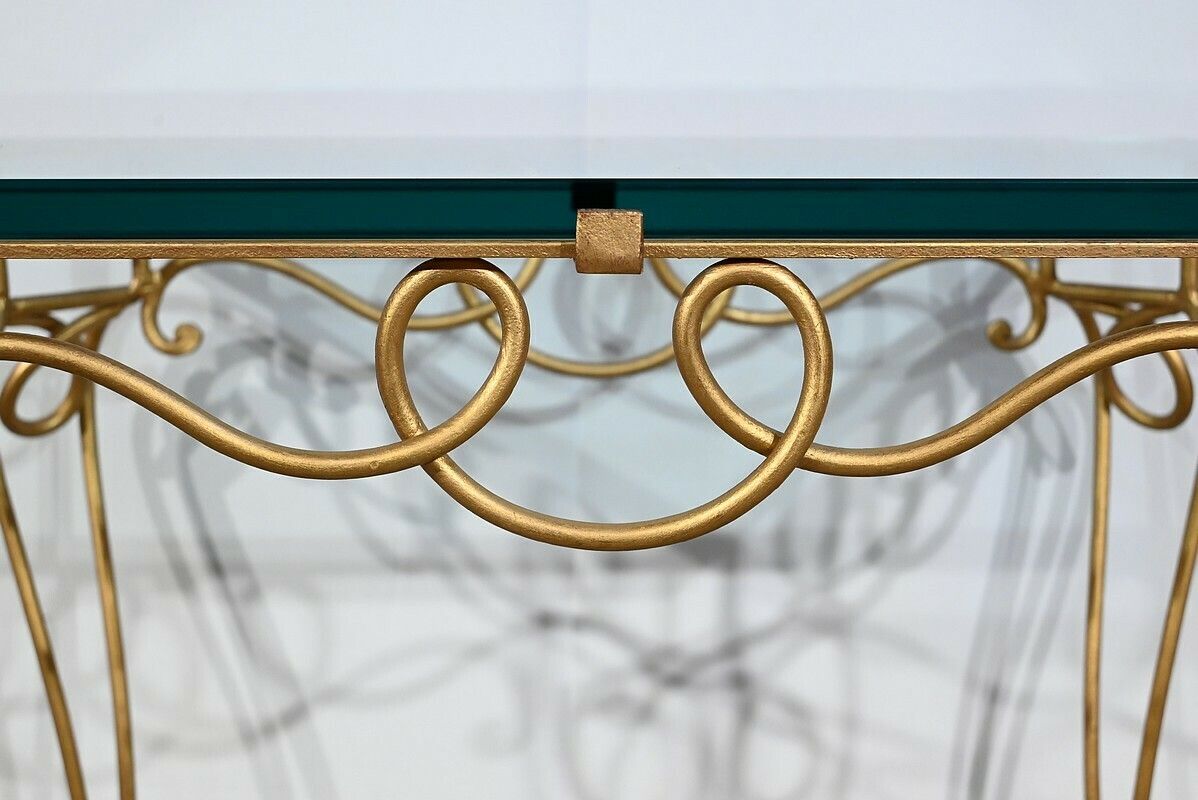 photo furniture Small Table In Golden Wrought Iron And Glass, Drouet Spirit, 1970