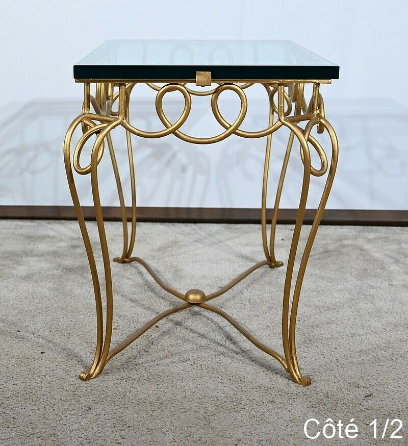 photo vinterior Small Table In Golden Wrought Iron And Glass, Drouet Spirit, 1970