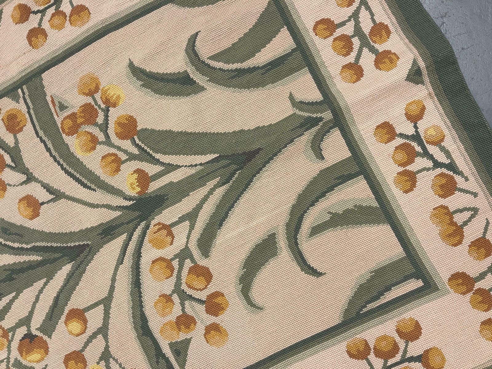 Botanical Aubusson Rug Green Beige Handwoven Wool Needlepoint Traditional Carpet photo Textiles