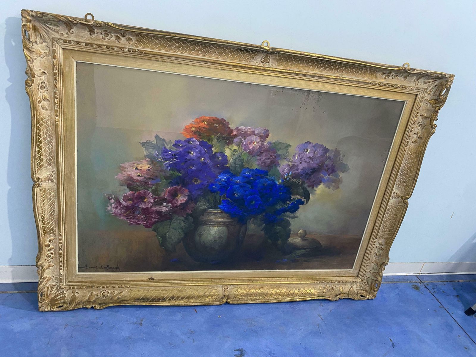 Pastel Painting "Vase With Flowers" Signed Jaak Van Den Seylbergh Belgium, 1950 photo vintage