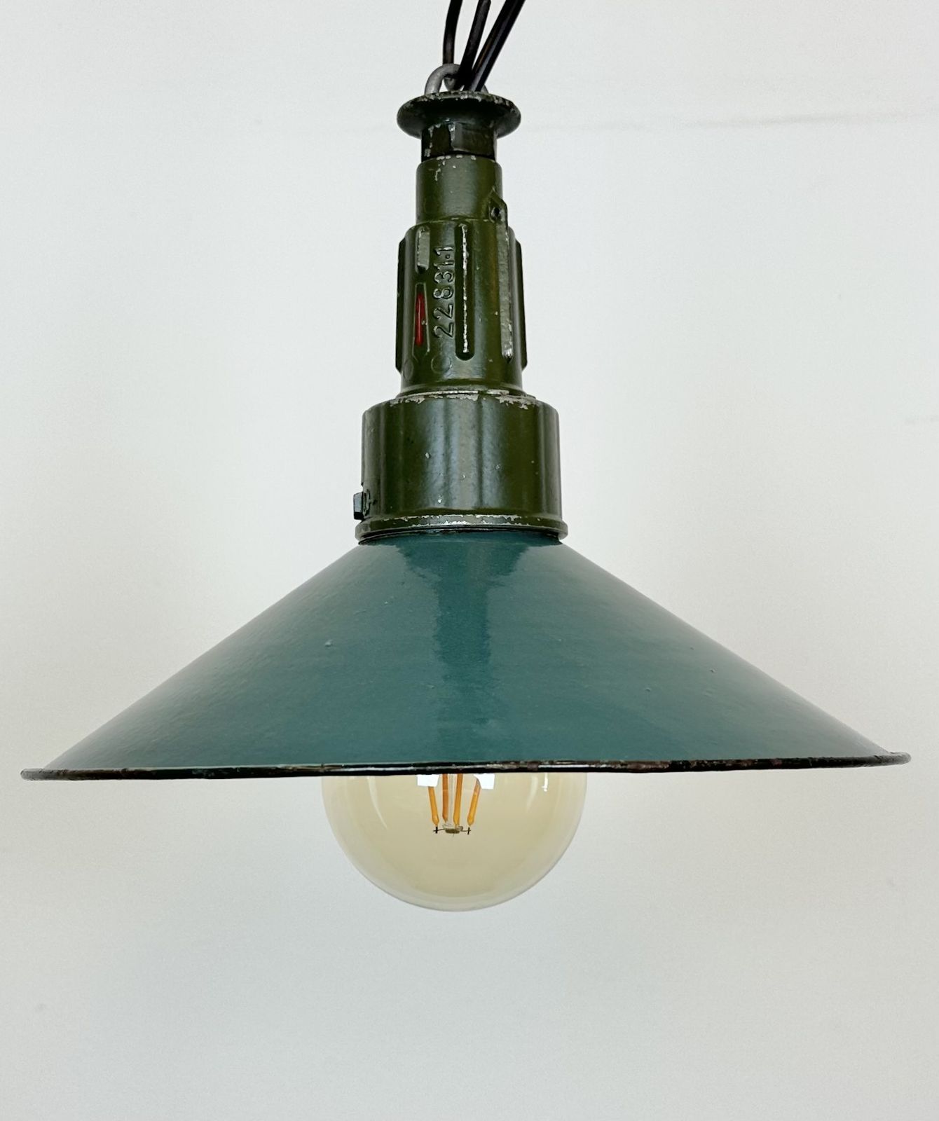Industrial Petrol Enamel Military Pendant Lamp With Cast Aluminium Top, 1960s, 4x photo buy