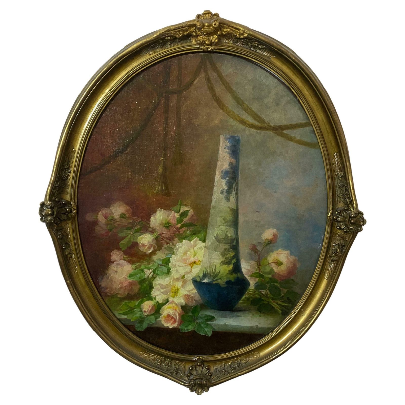 Antique Oil Painting "Still Life With Flowers" Signed Guerin Therese Early 1900s