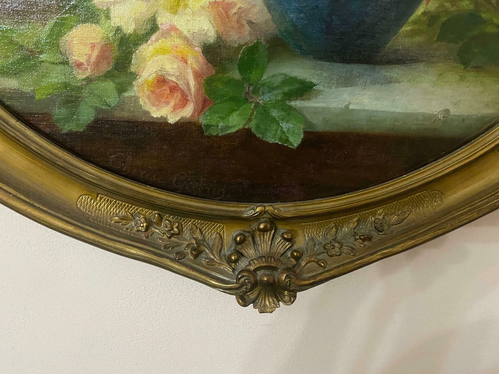 photo furniture Antique Oil Painting "Still Life With Flowers" Signed Guerin Therese Early 1900s