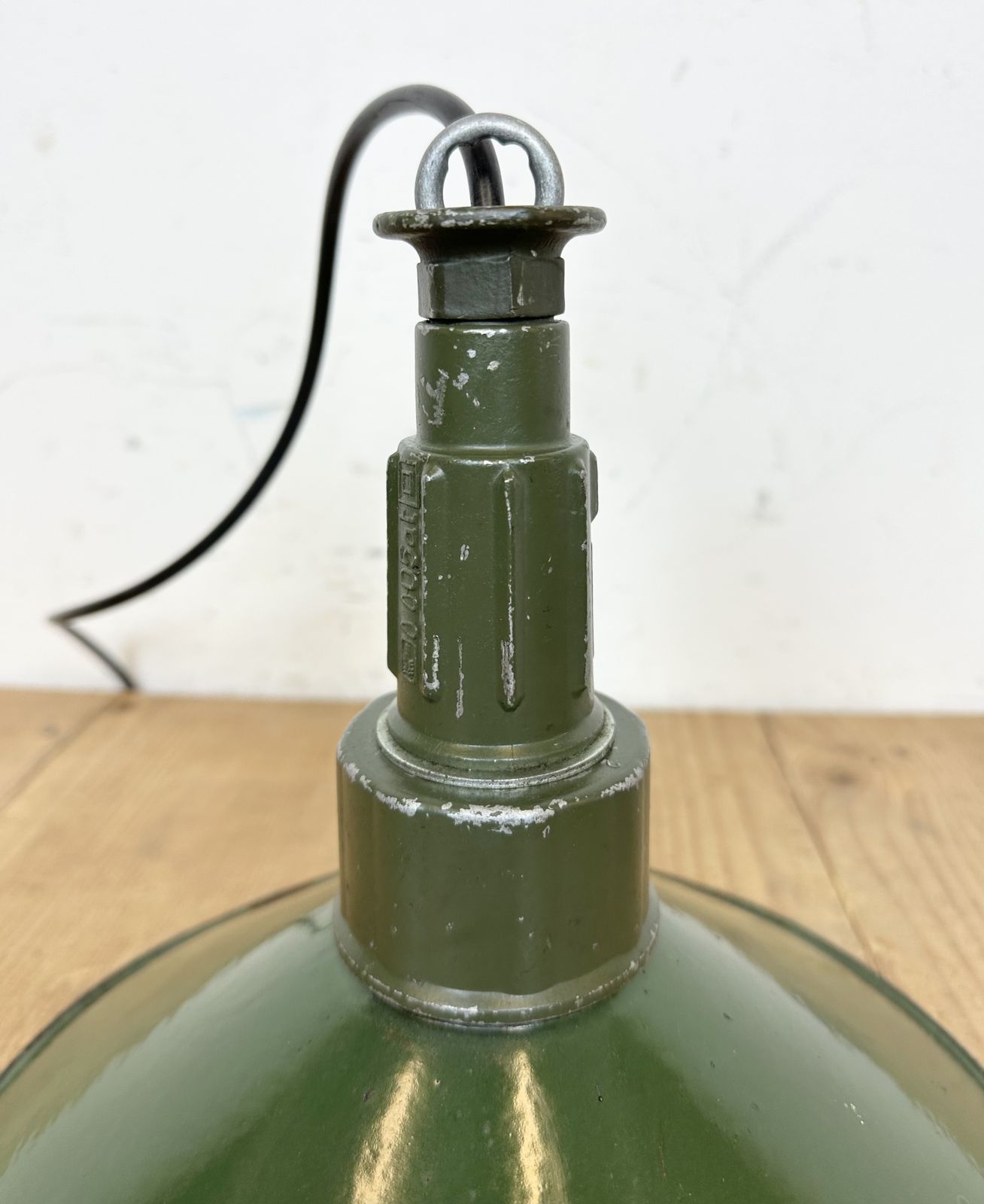 photo buy Industrial Green Enamel Military Pendant Lamp With Cast Aluminium Top, 1960s, 2x
